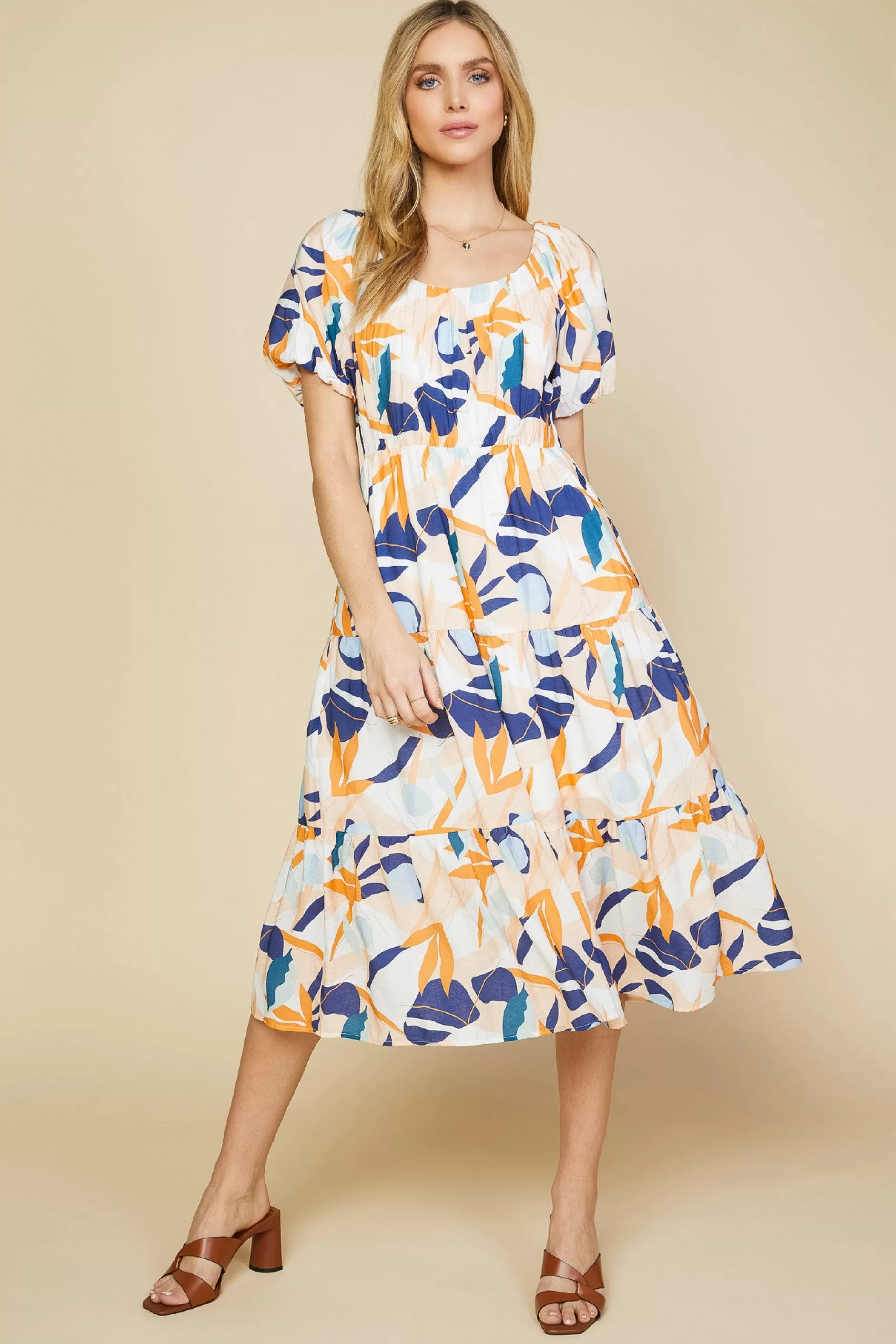 SKIES ARE BLUE Abstract Botanical Midi Dress