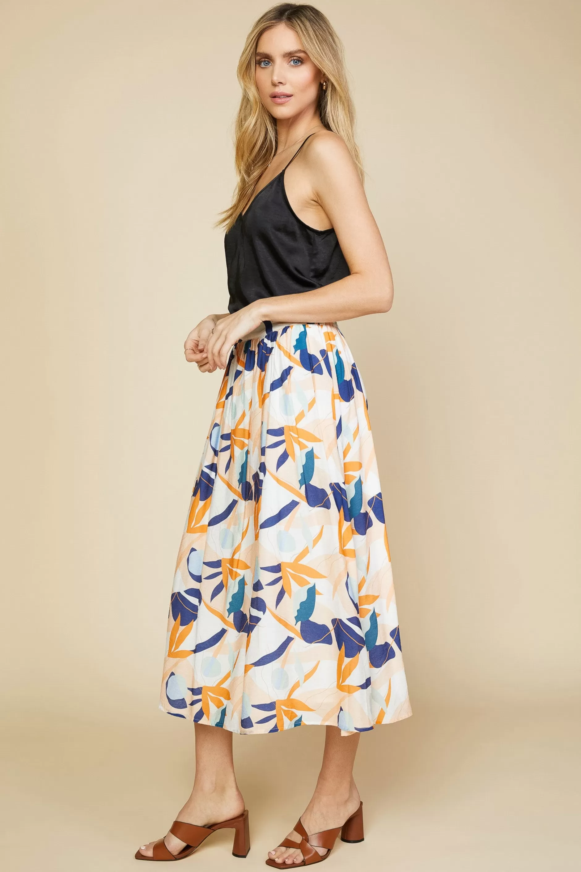 SKIES ARE BLUE Abstract Botanical Midi Skirt