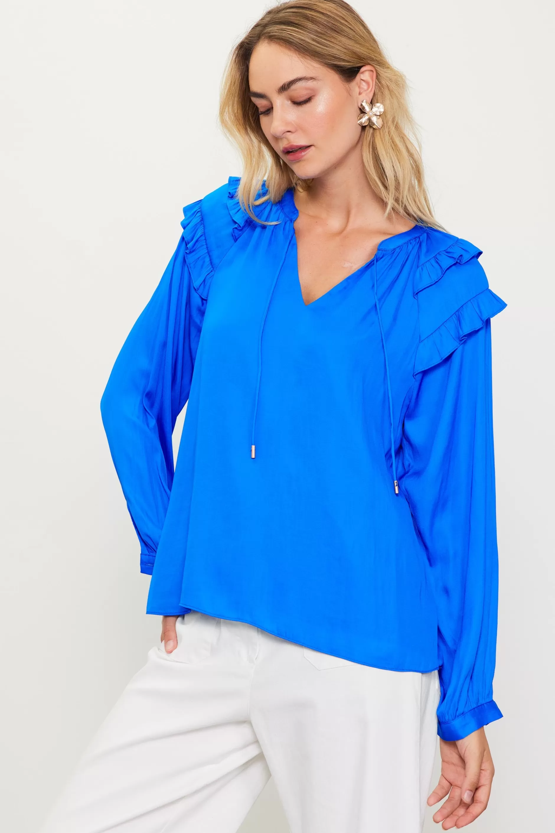 SKIES ARE BLUE Adele Ruffled Split Neck Top