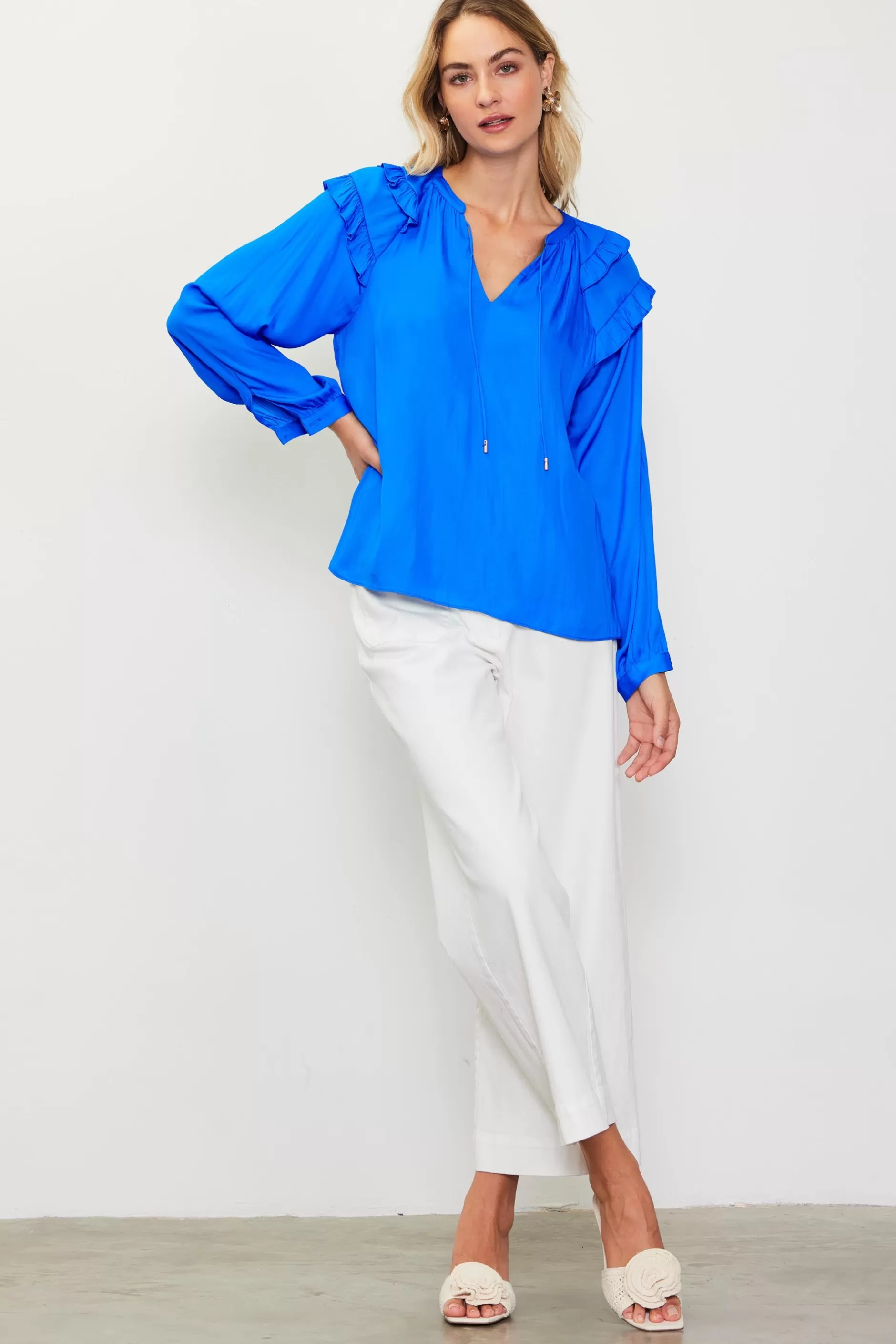 SKIES ARE BLUE Adele Ruffled Split Neck Top