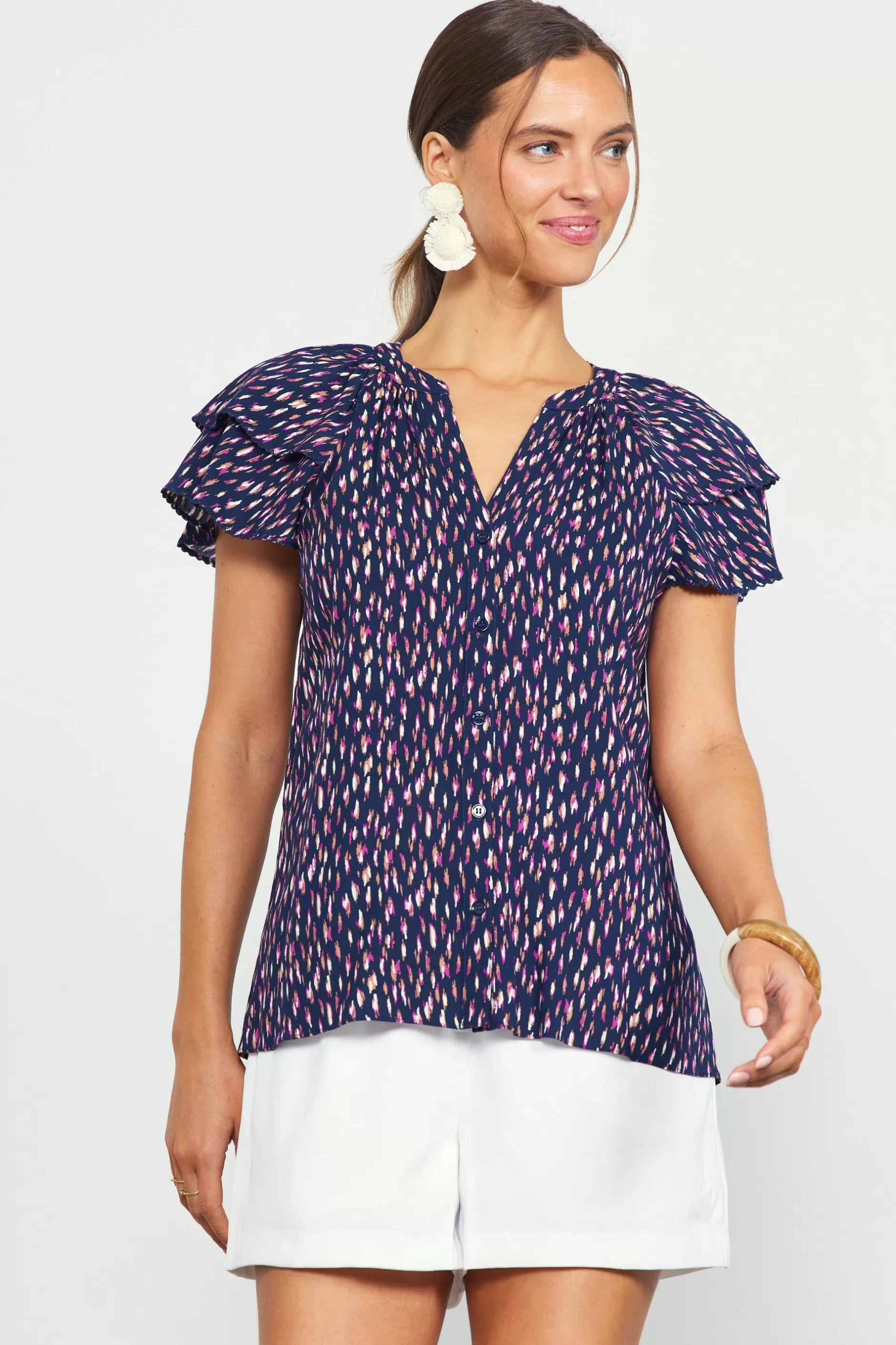 SKIES ARE BLUE Allover Print Ruffle Sleeve Top