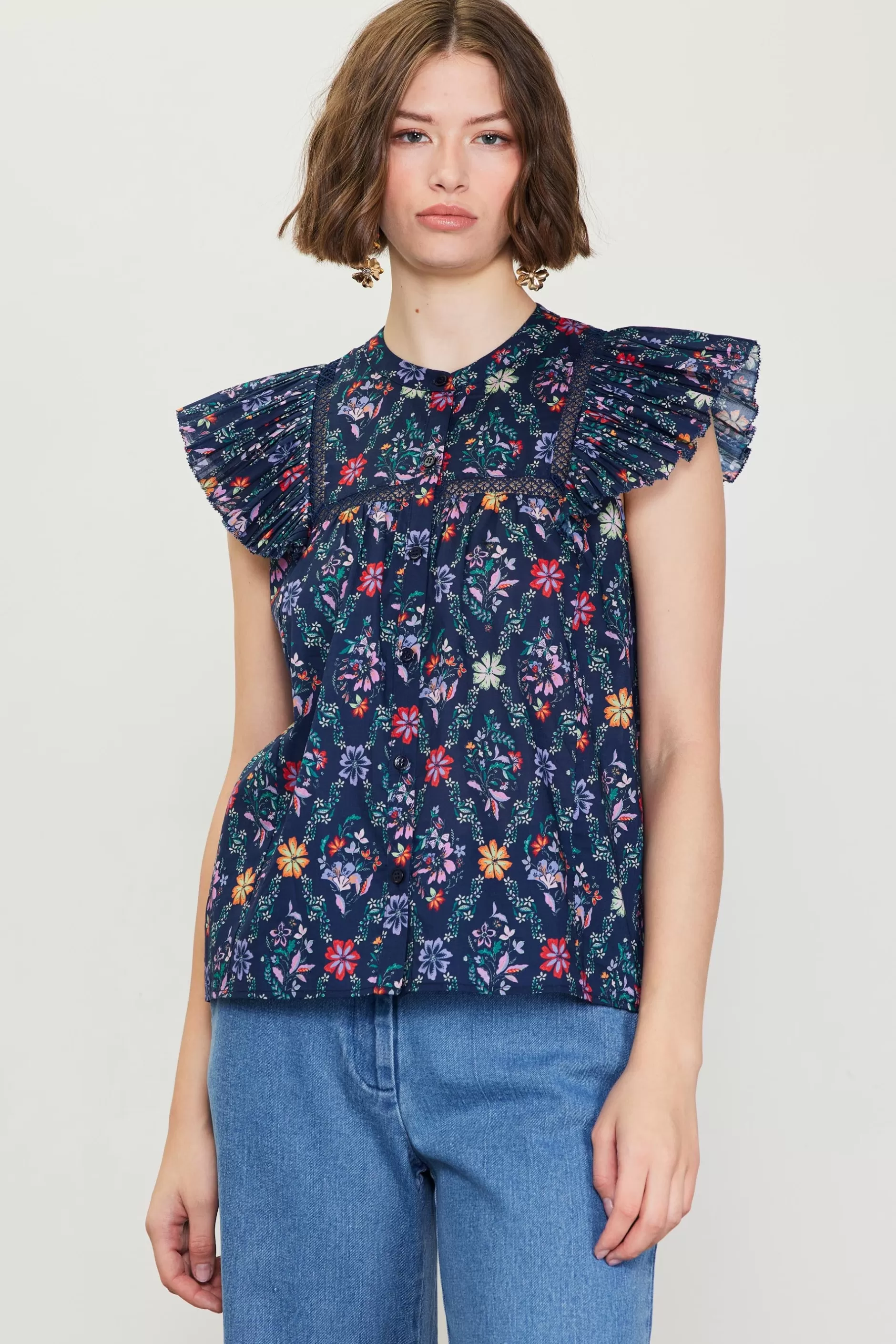 SKIES ARE BLUE Amelia Floral Print Ruffle Sleeve Top