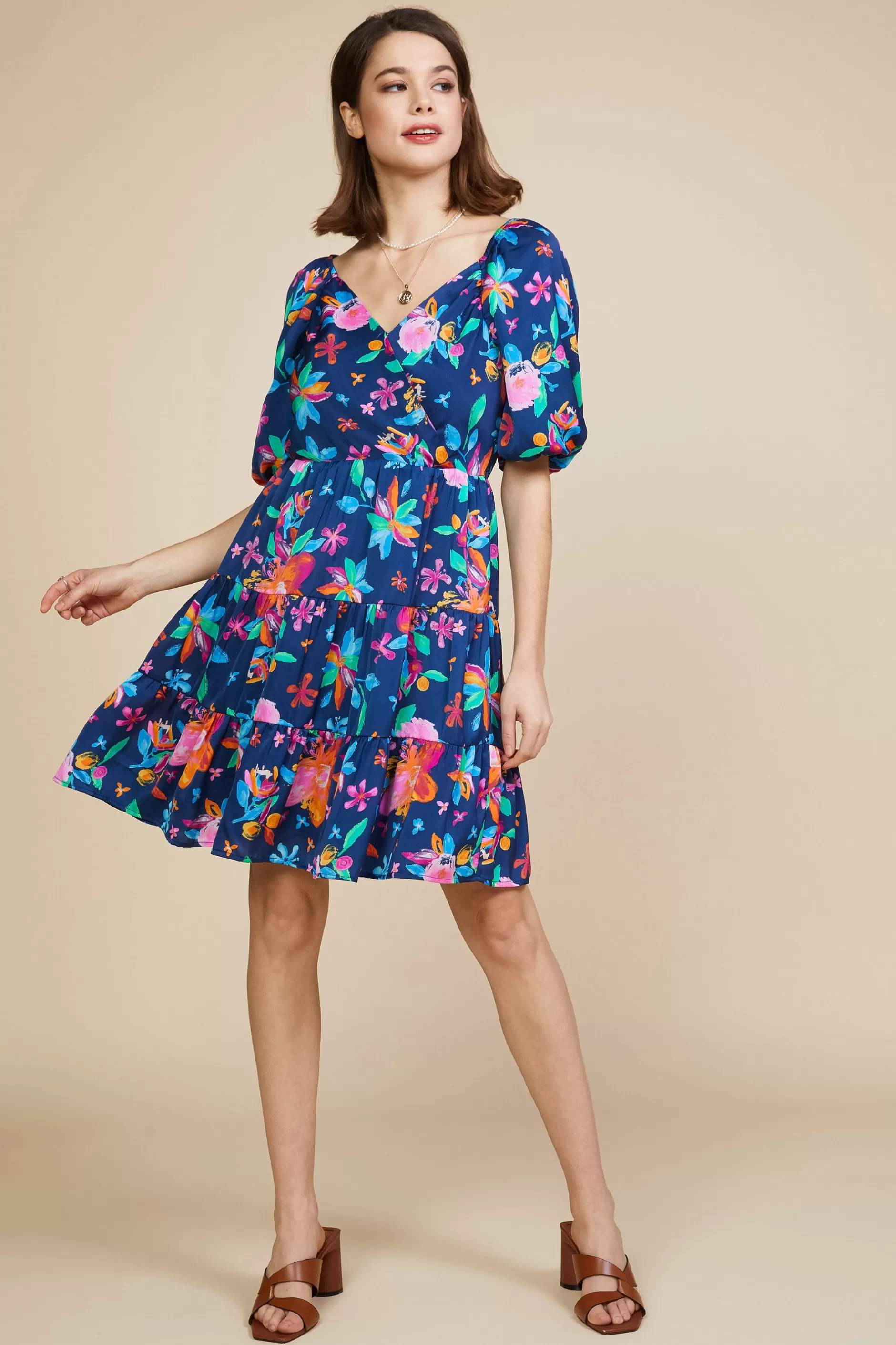 SKIES ARE BLUE Aquatic Floral Surplice Short Dress