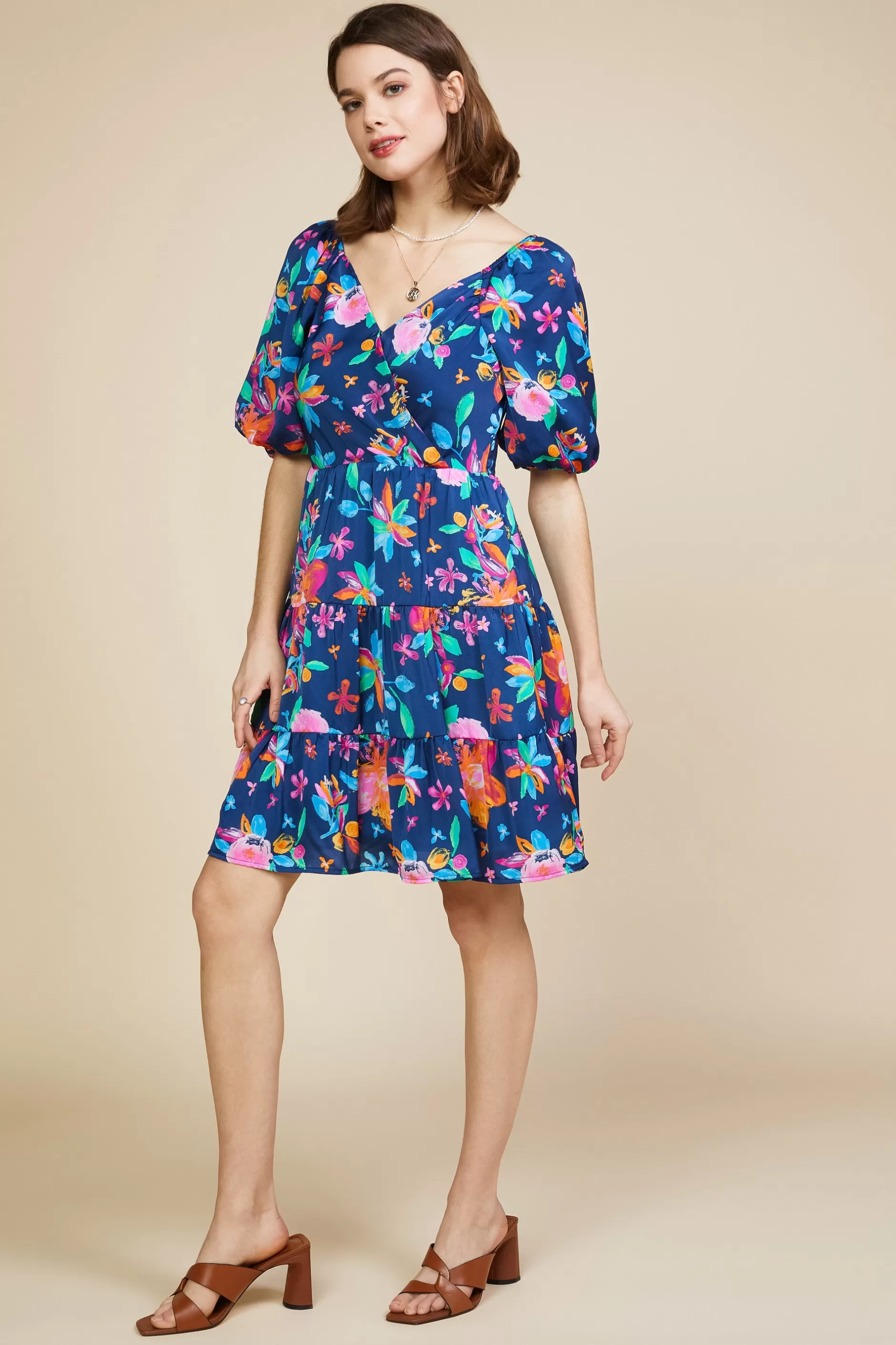 SKIES ARE BLUE Aquatic Floral Surplice Short Dress