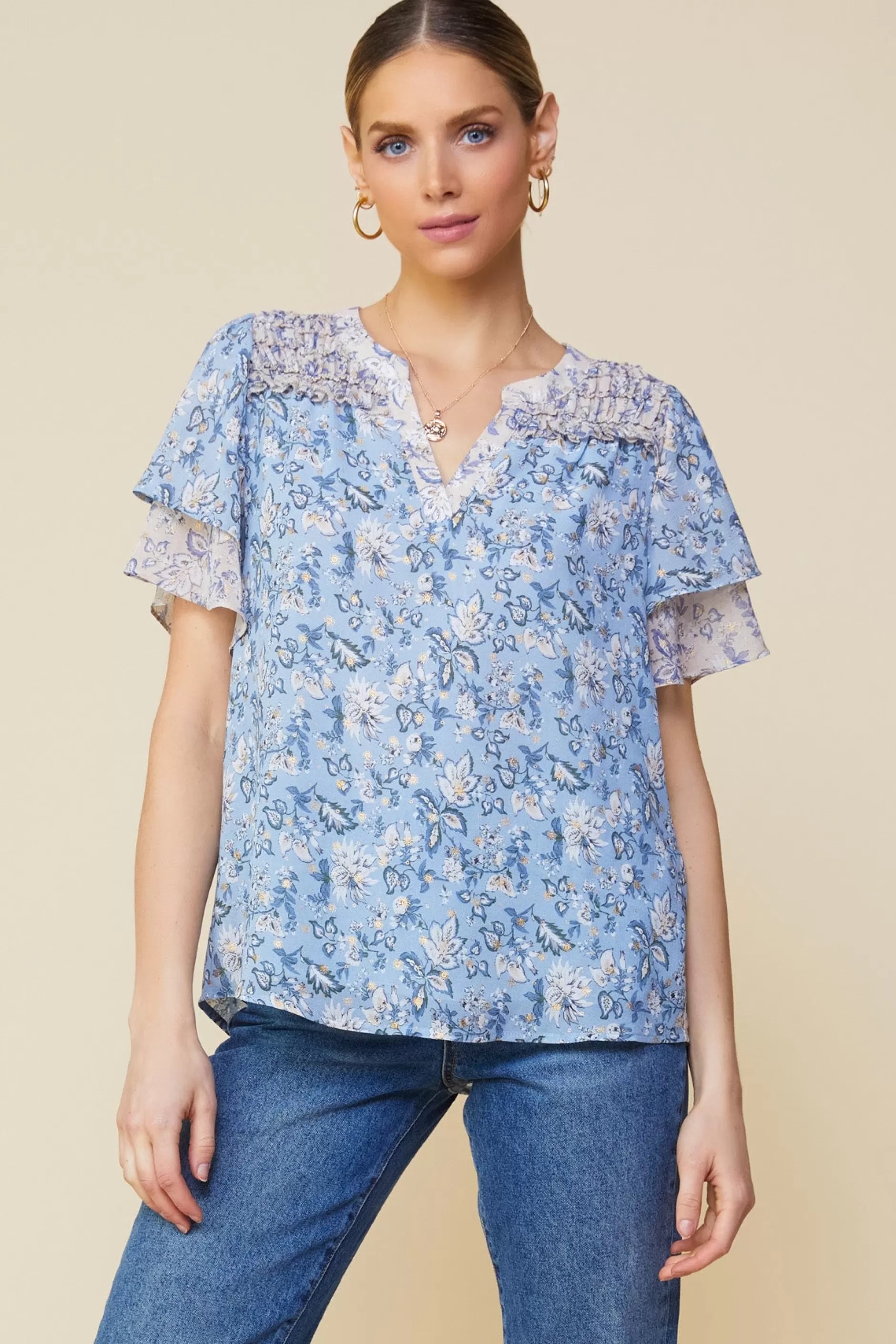 SKIES ARE BLUE Aster Print Ruffled Detail Contrast Top