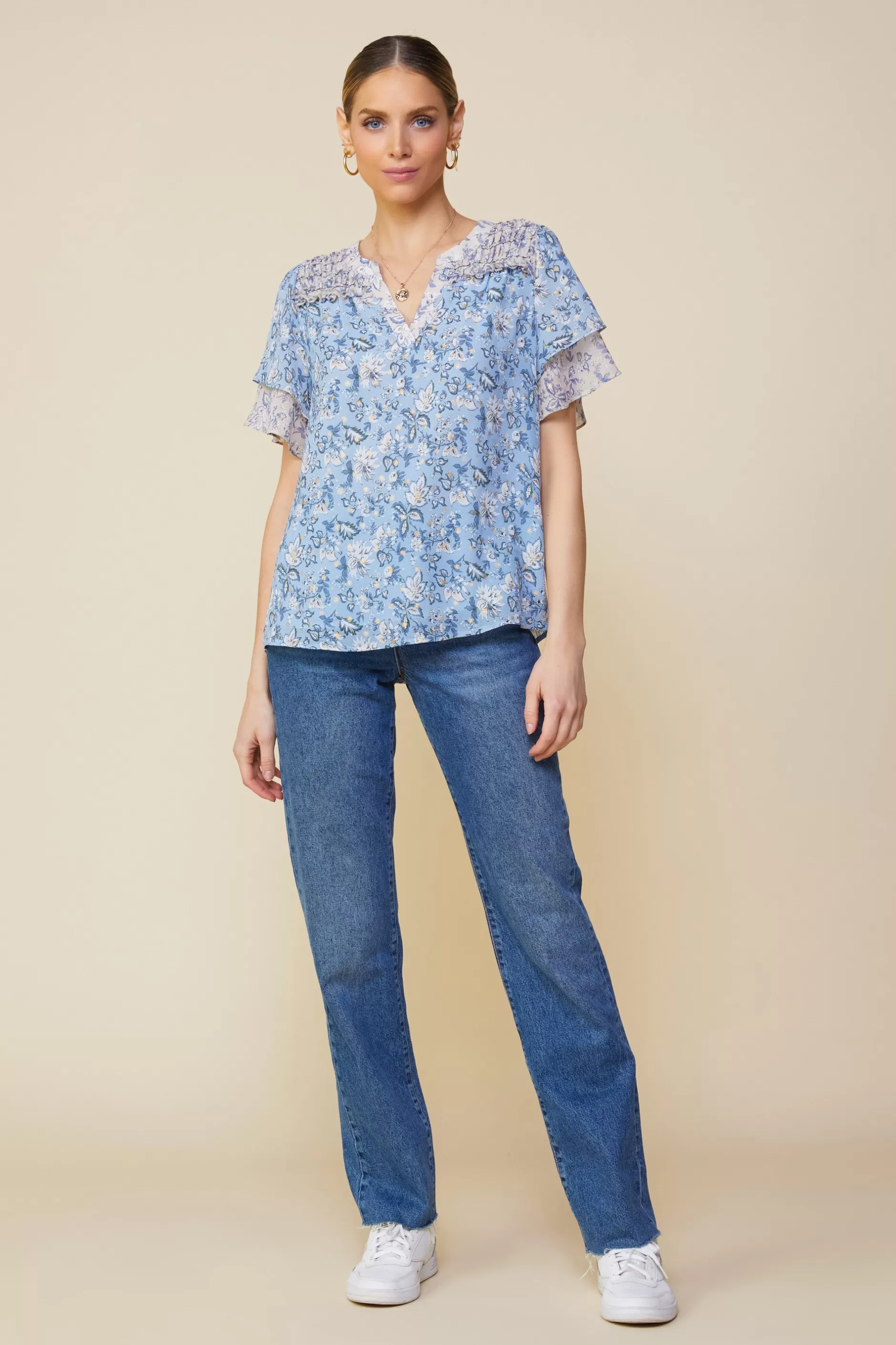 SKIES ARE BLUE Aster Print Ruffled Detail Contrast Top