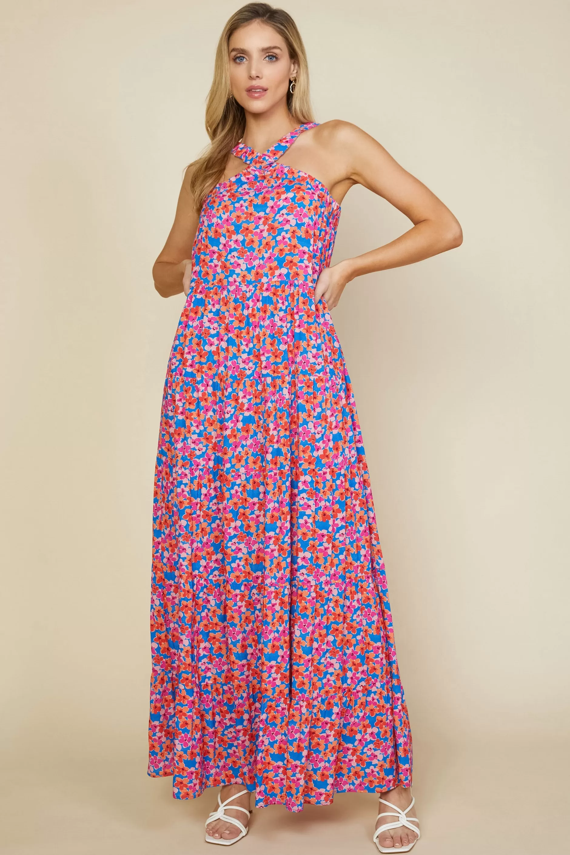 SKIES ARE BLUE Bohemian Floral Crossed Neck Maxi Dress