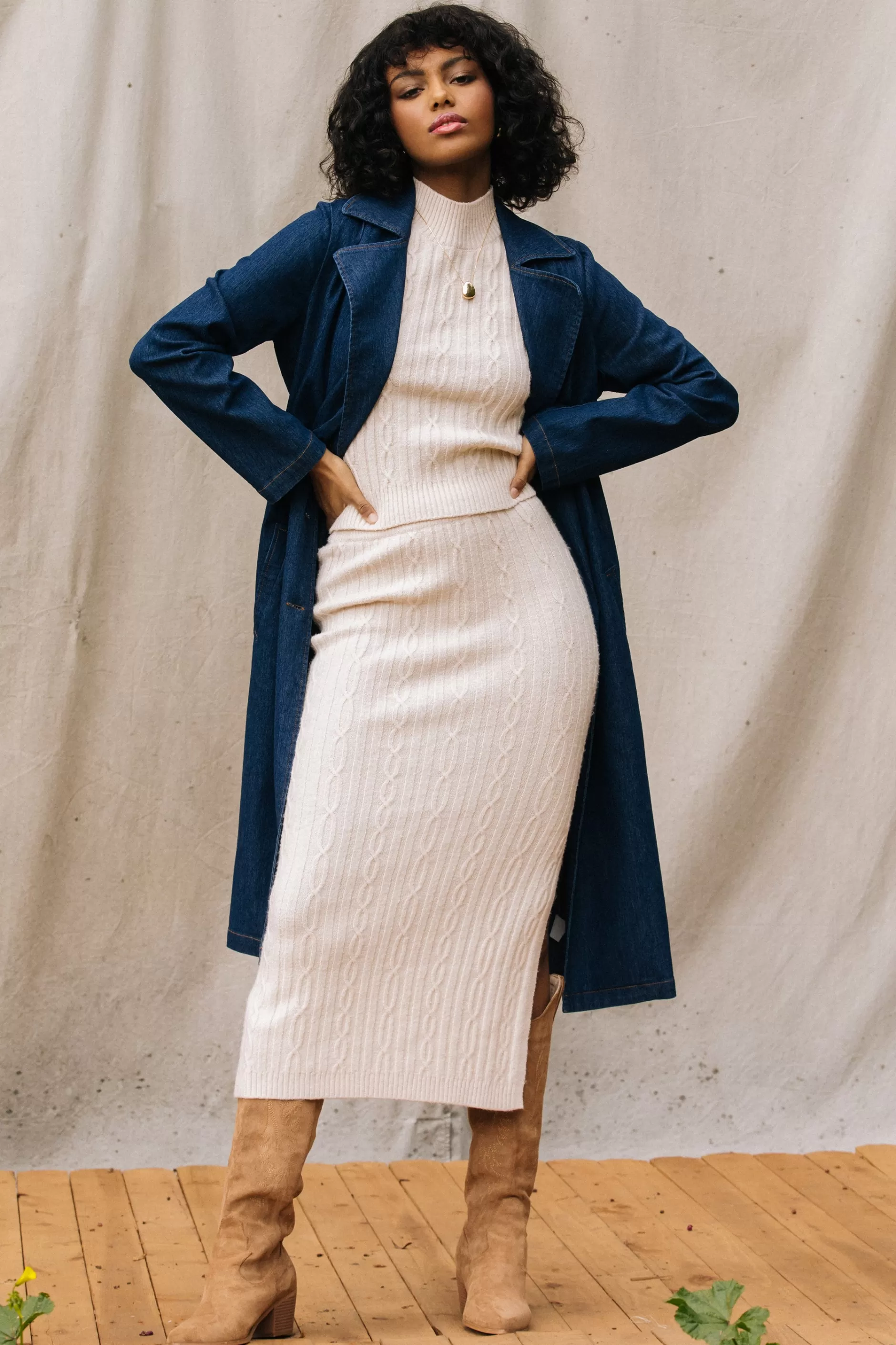 SKIES ARE BLUE Cable Knit Midi Skirt