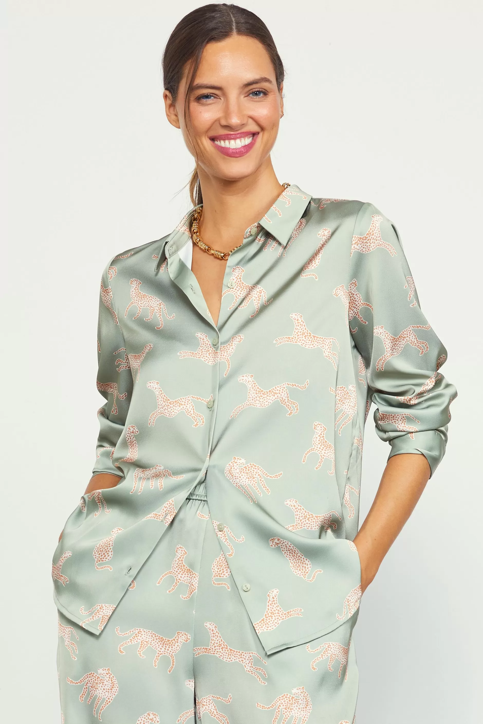 SKIES ARE BLUE Cheetah Print Satin Button Down Blouse