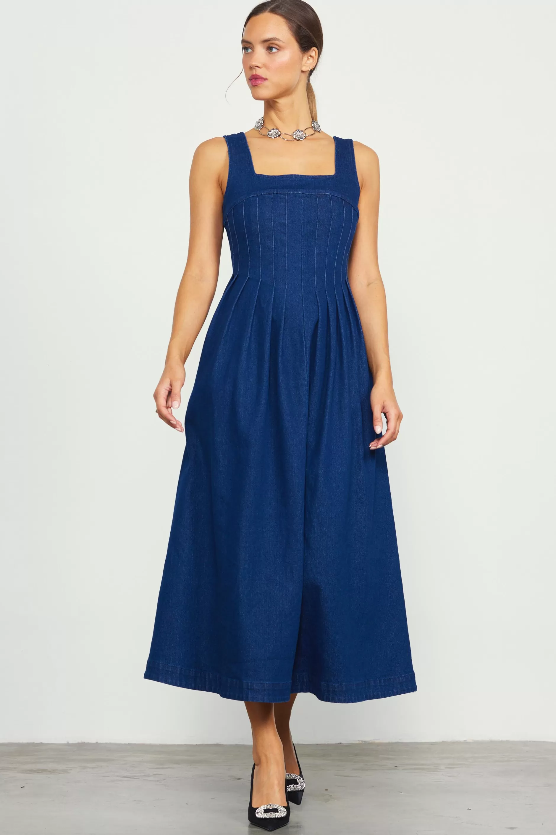 SKIES ARE BLUE Corset Denim Pleated Dress