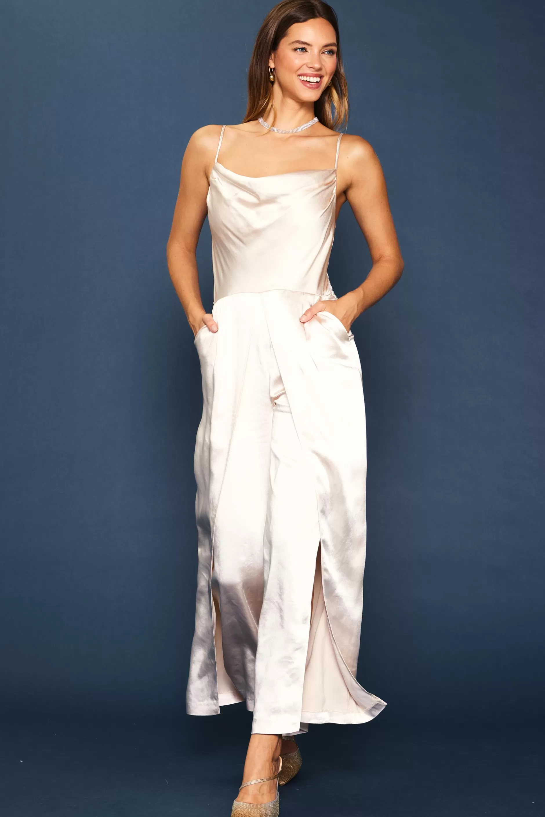 SKIES ARE BLUE Cowl Neckline Satin Jumpsuit