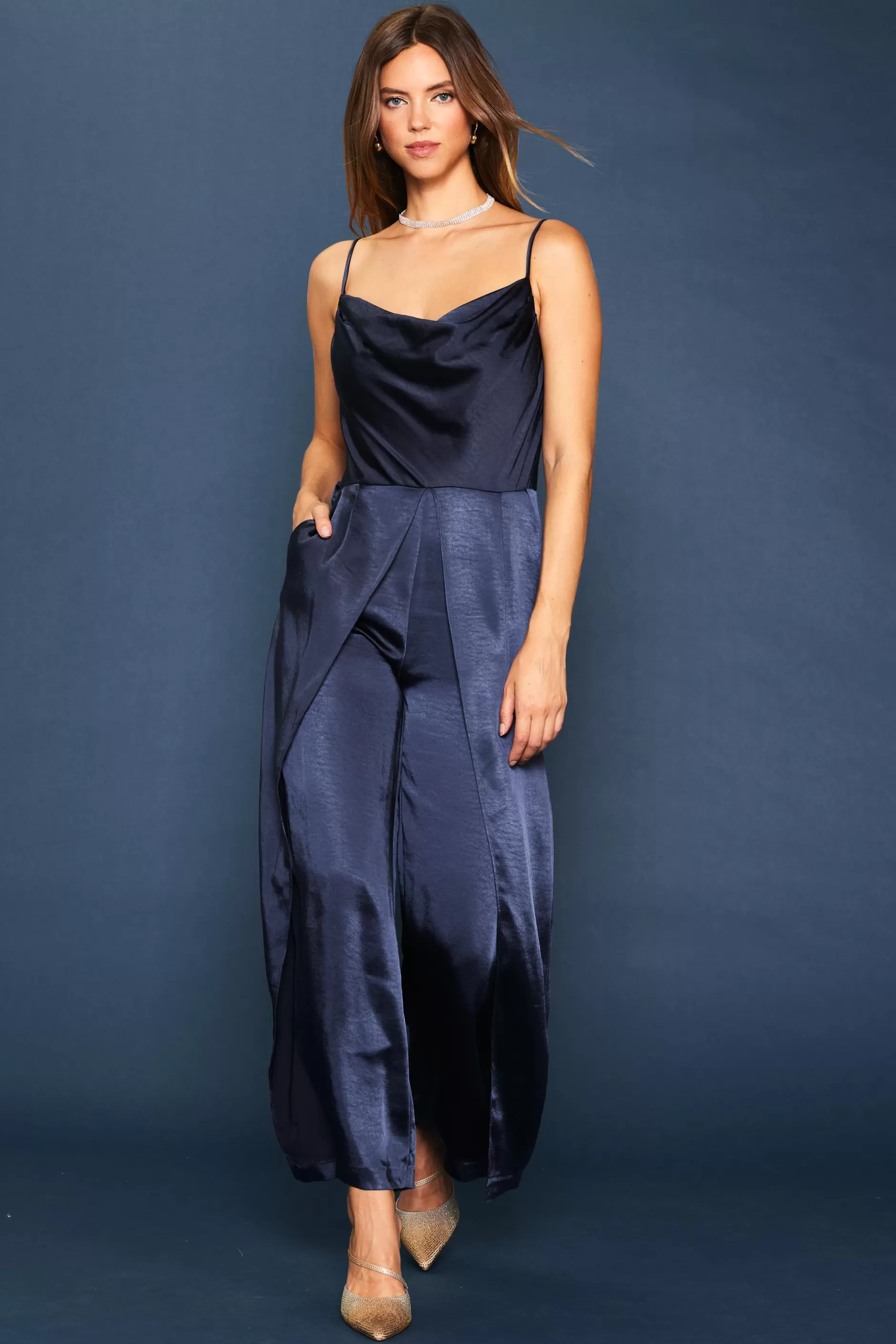 SKIES ARE BLUE Cowl Neckline Satin Jumpsuit