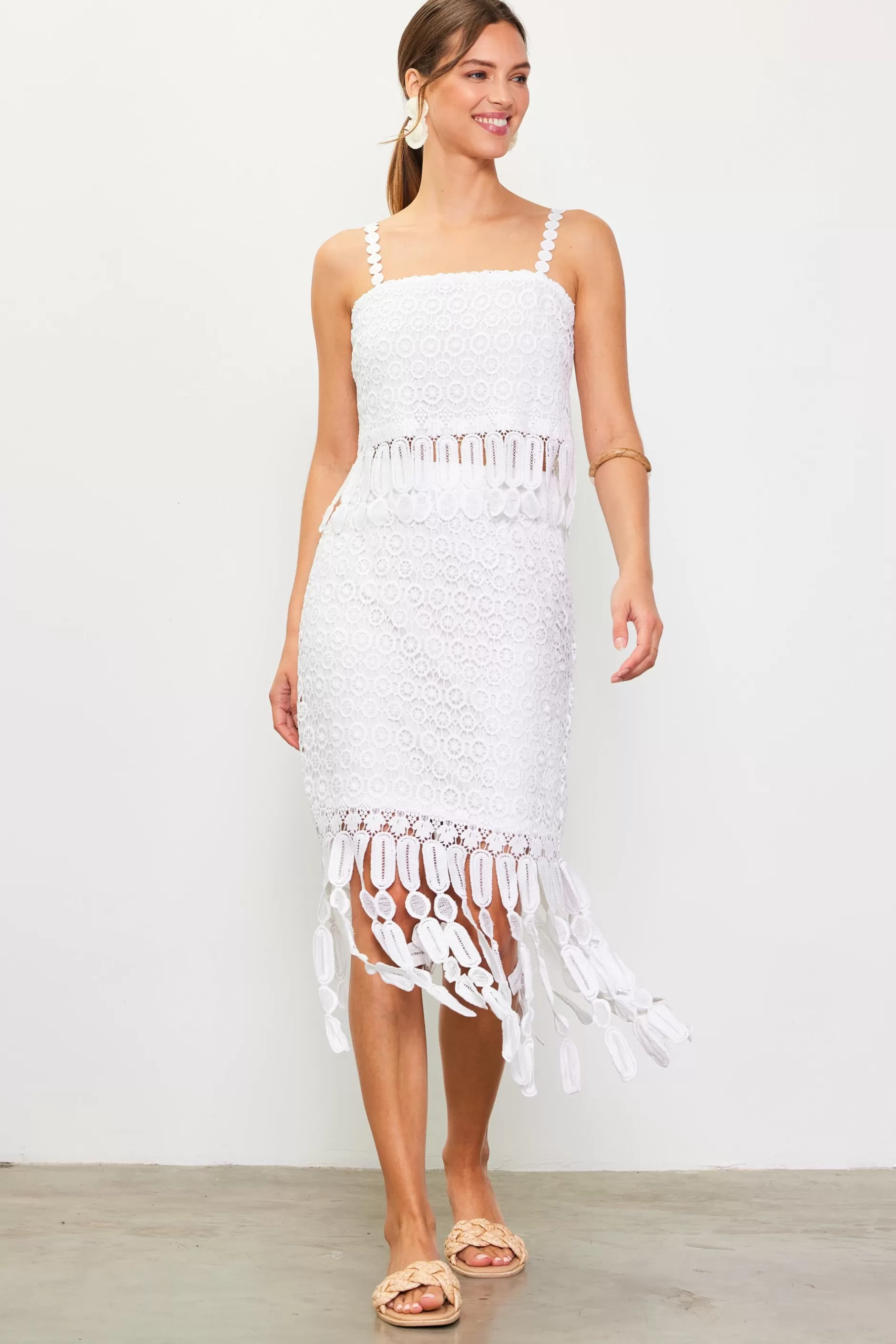 SKIES ARE BLUE Crochet Midi Skirt with Fringe Detail