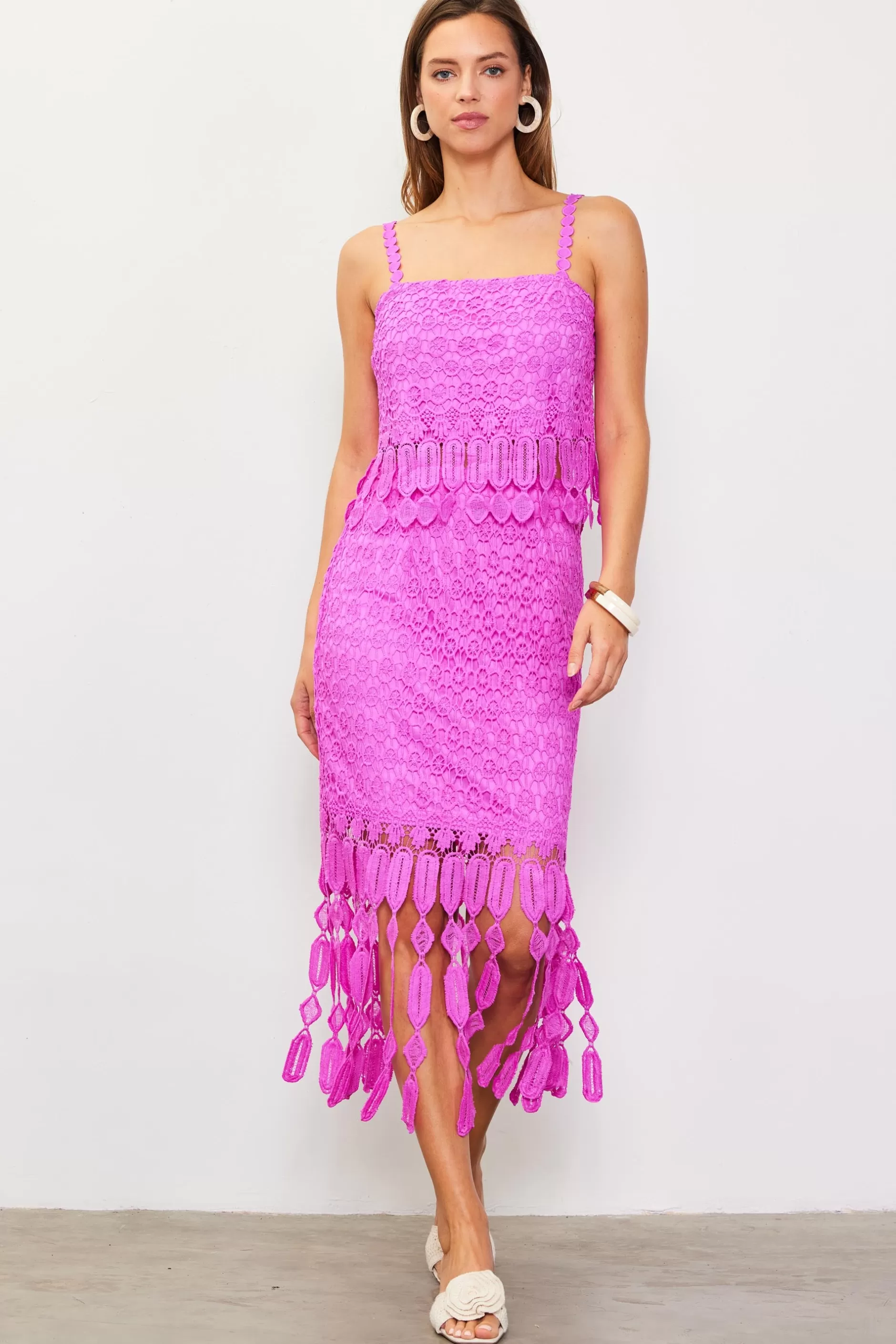 SKIES ARE BLUE Crochet Midi Skirt with Fringe Detail