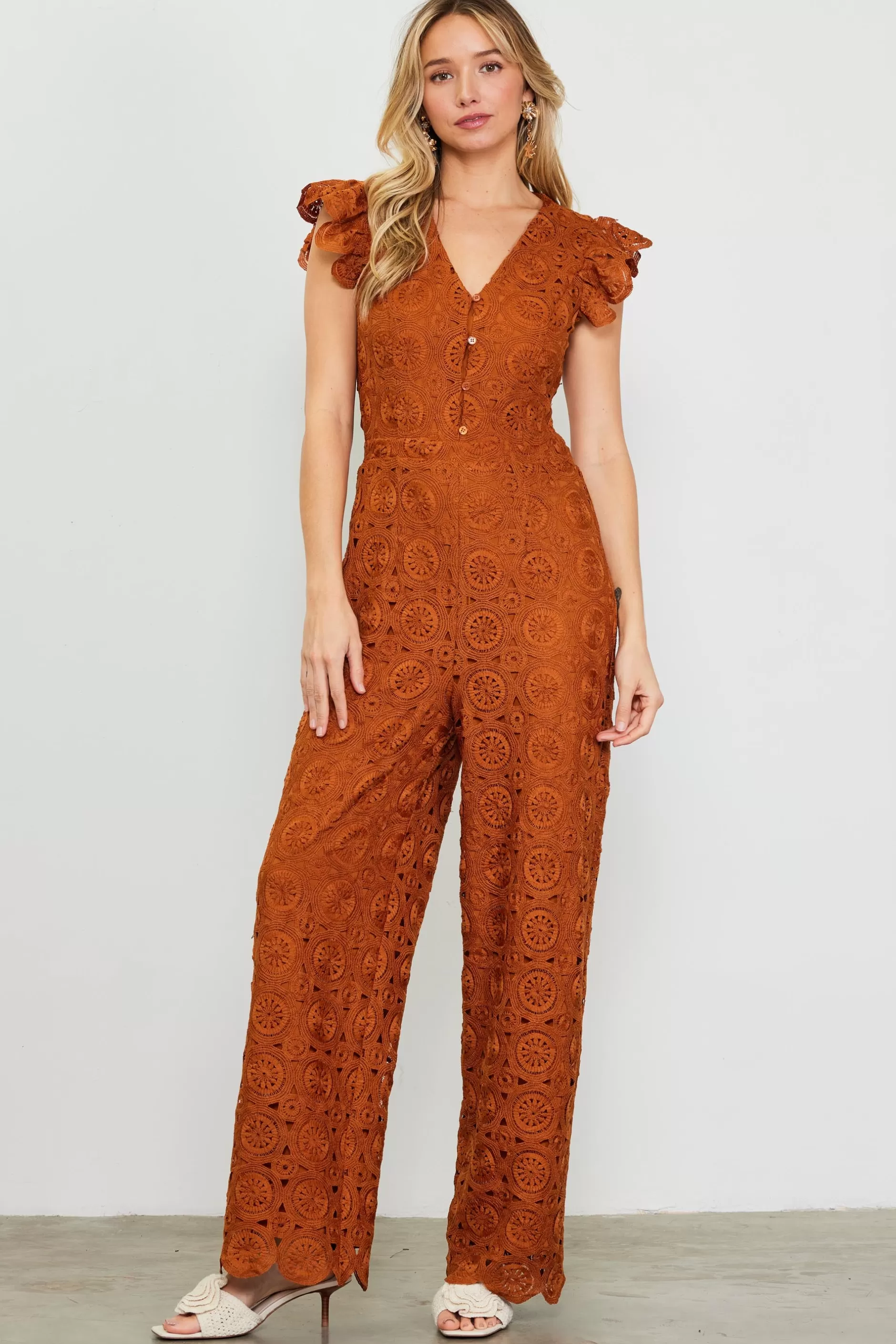 SKIES ARE BLUE Crochet Ruffled Sleeve Jumpsuit