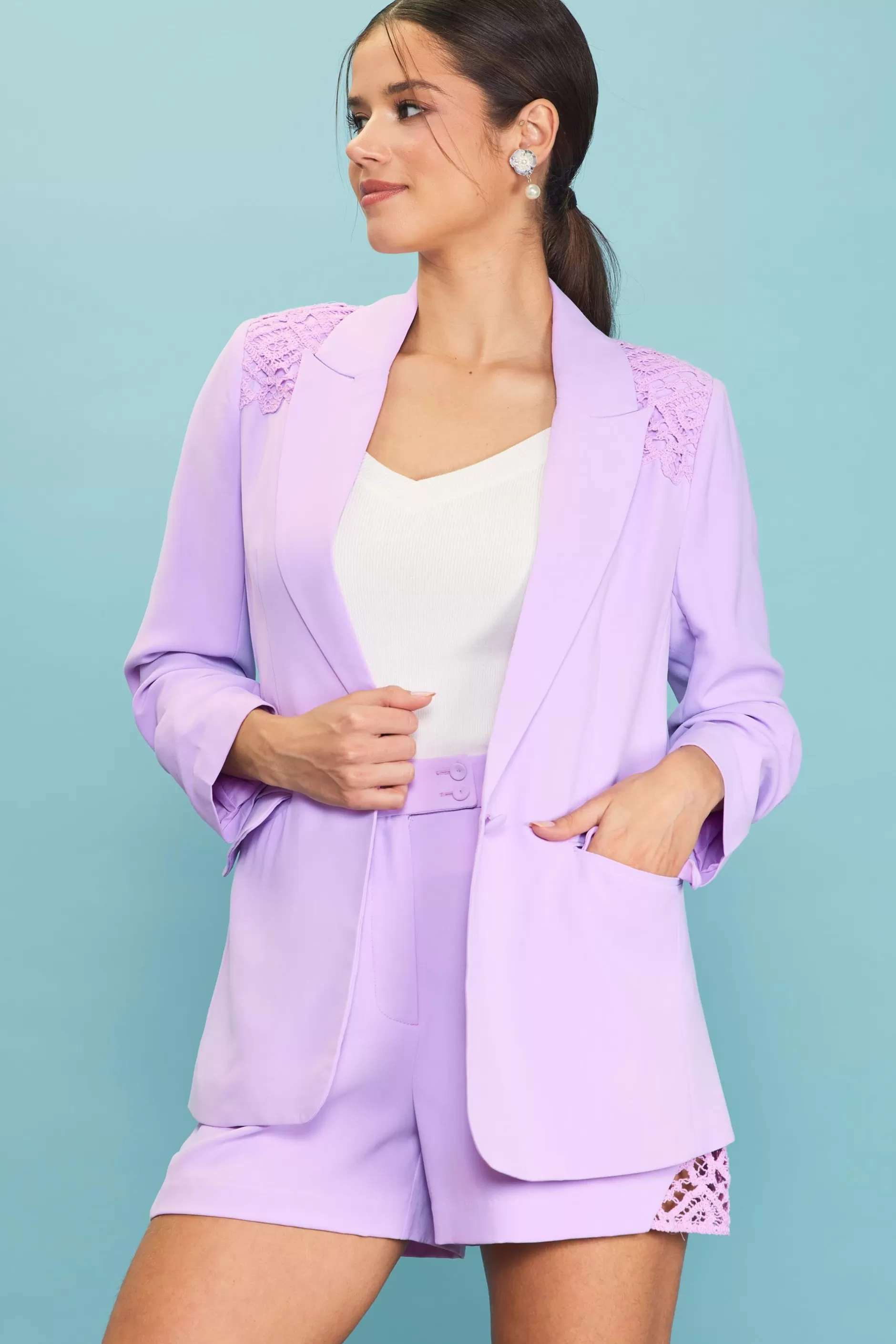 SKIES ARE BLUE Crochet Trim Shirred Sleeve Blazer