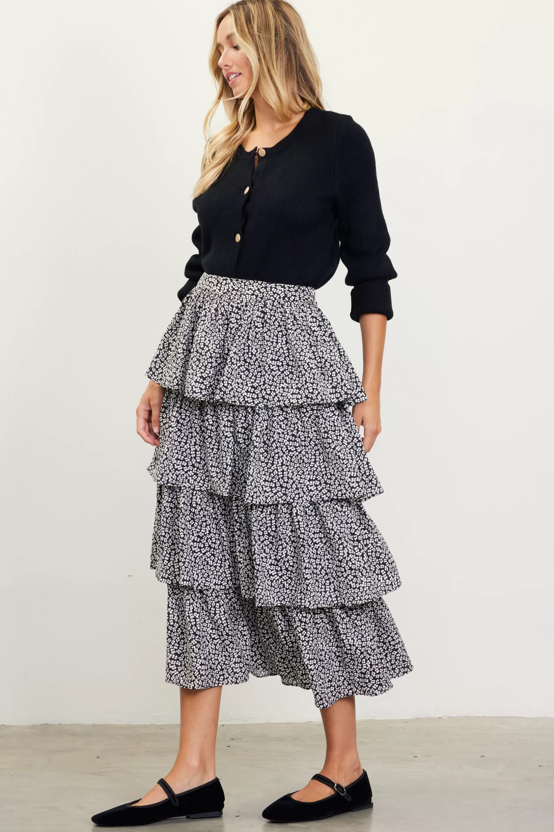 SKIES ARE BLUE Dainty Floral Print Ruffle Midi Skirt