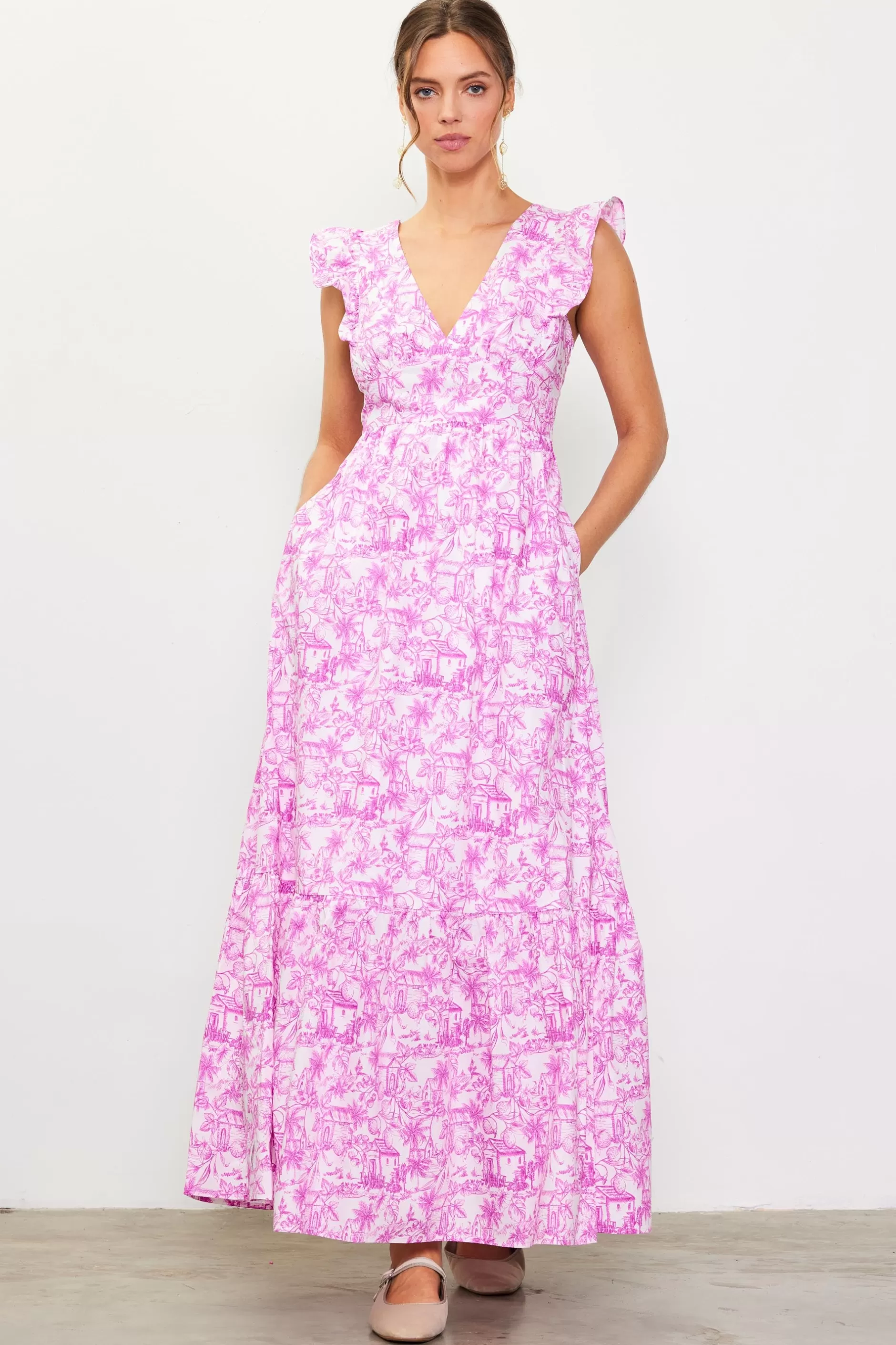 SKIES ARE BLUE Daphne Floral Print Ruffled Maxi Dress