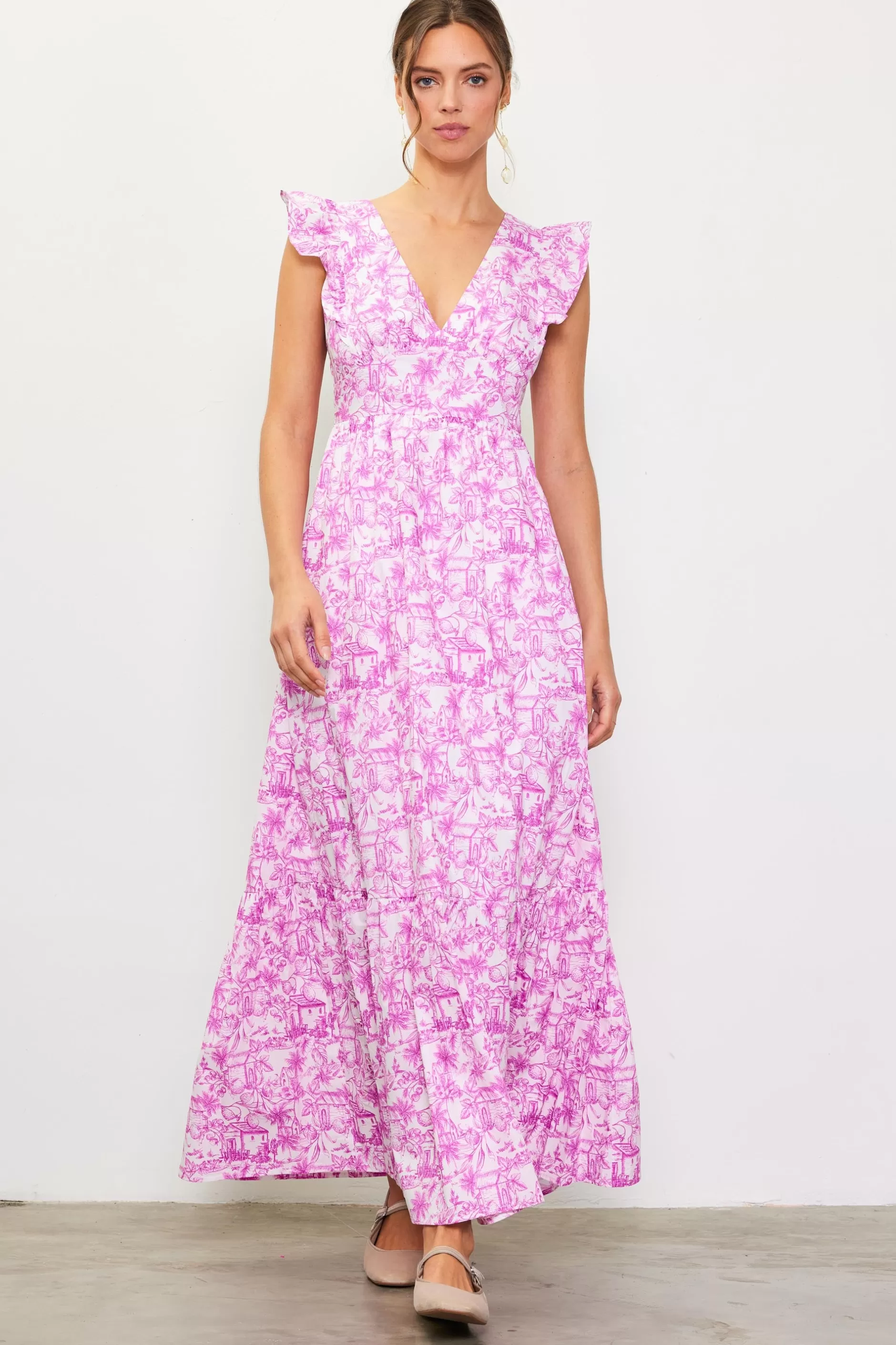 SKIES ARE BLUE Daphne Floral Print Ruffled Maxi Dress