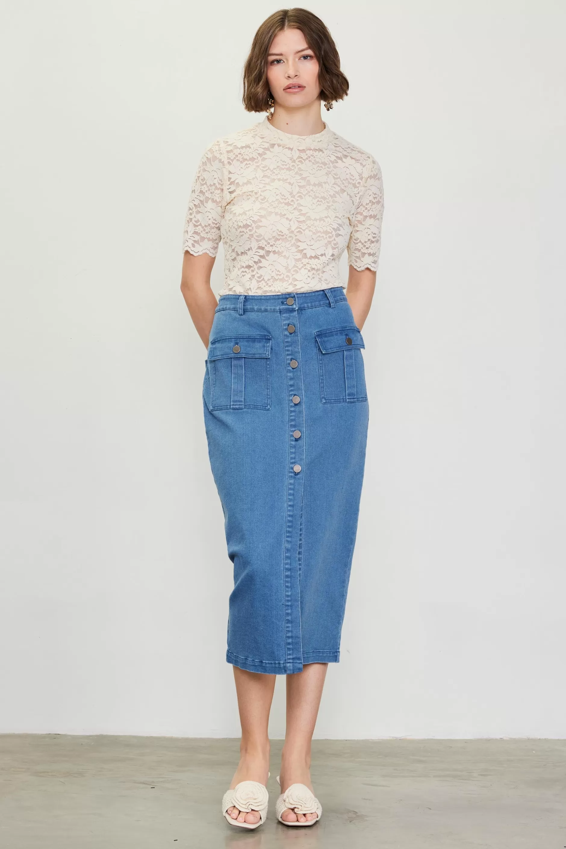 SKIES ARE BLUE Denim Button Down Midi Skirt