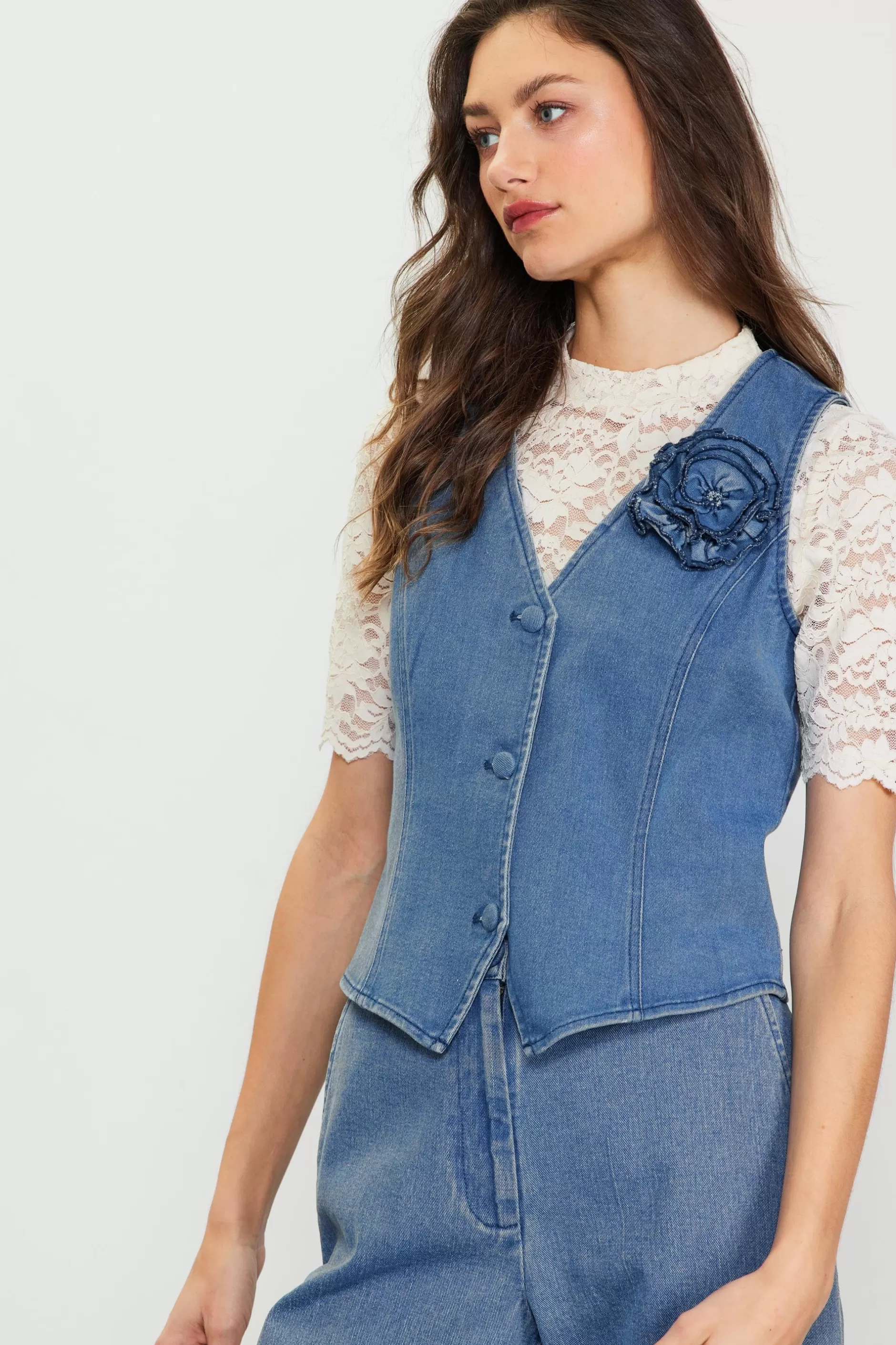 SKIES ARE BLUE Denim Vest With Detachable Rosette