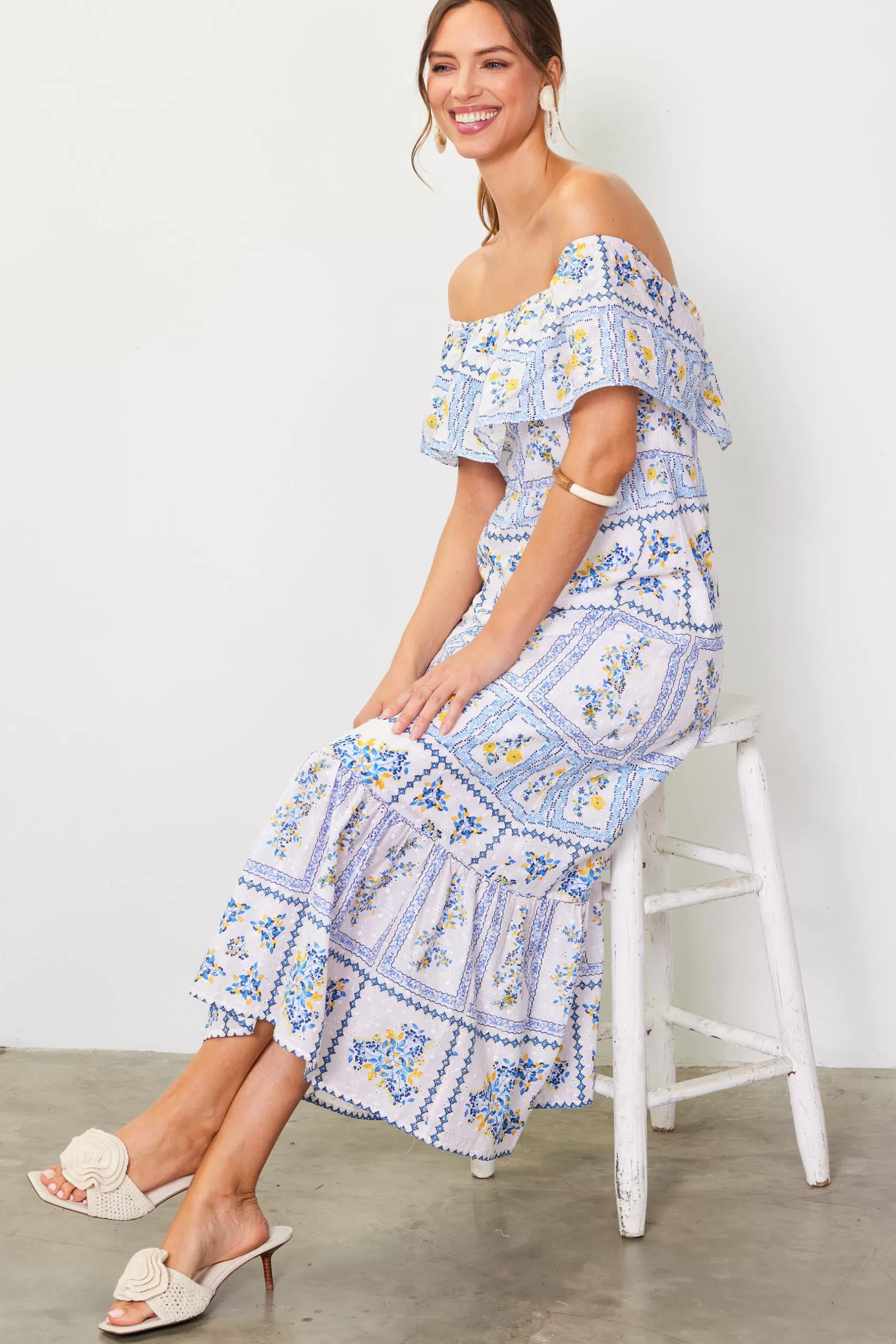 SKIES ARE BLUE Eyelet Embroidered Print Maxi Dress