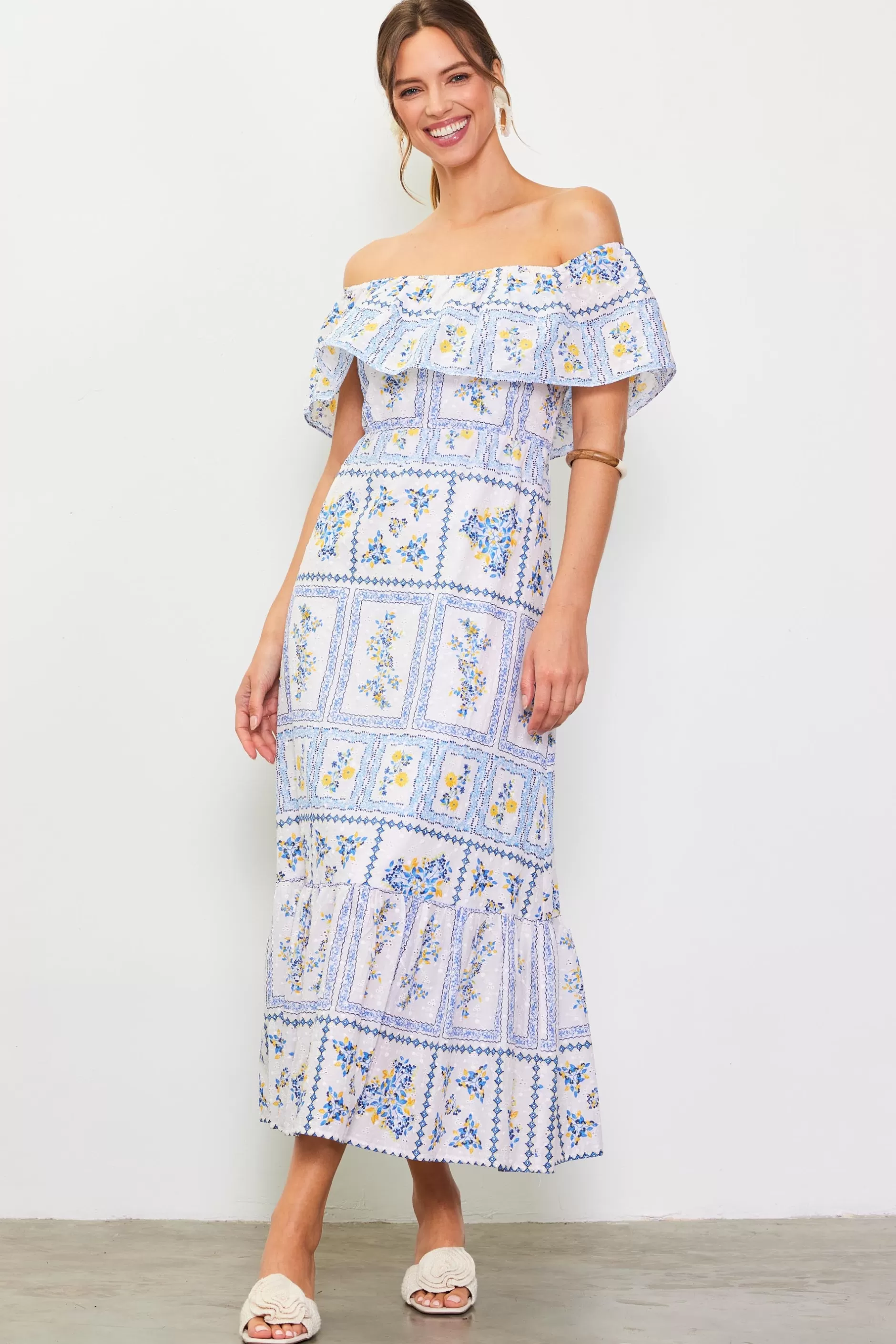 SKIES ARE BLUE Eyelet Embroidered Print Maxi Dress