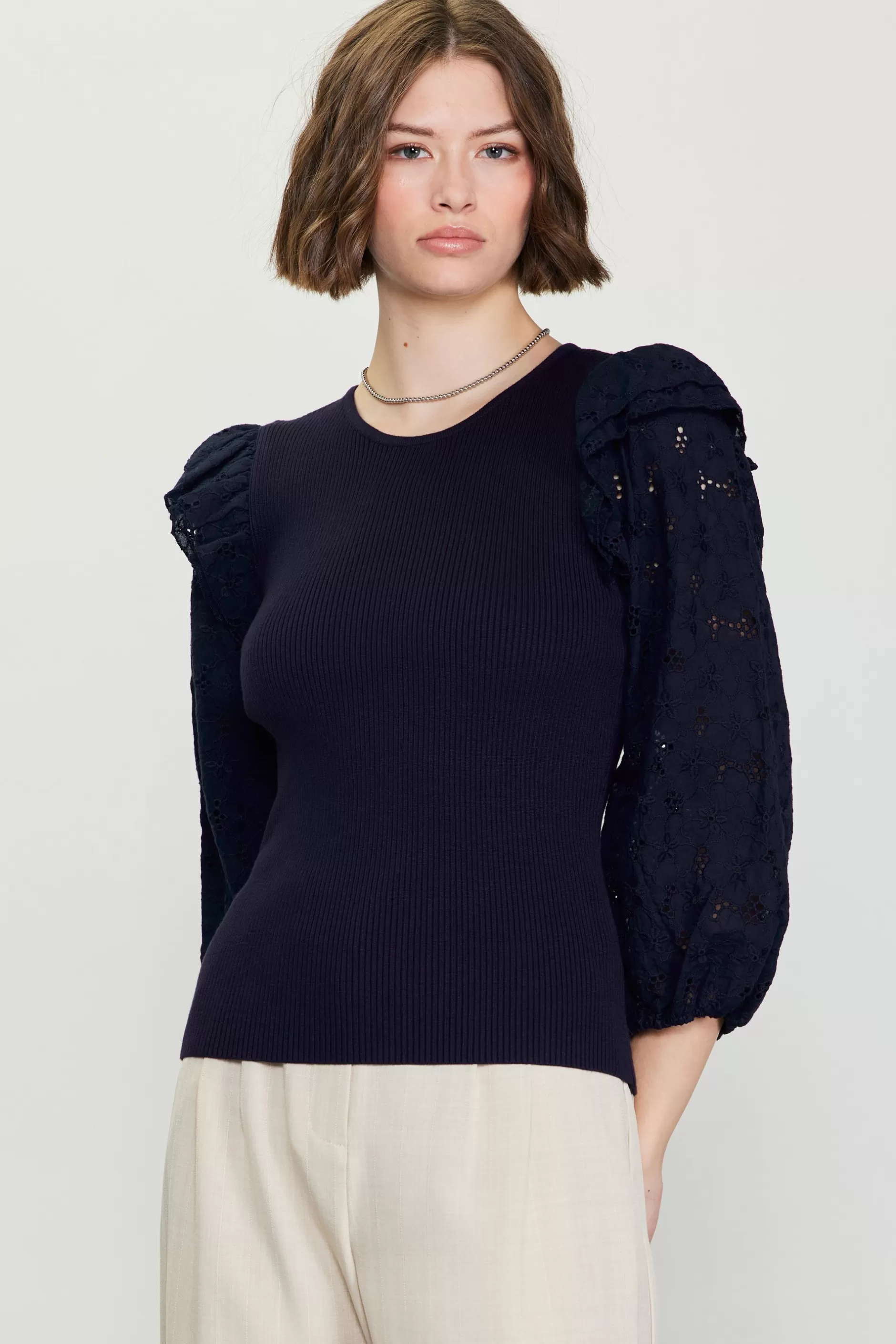 SKIES ARE BLUE Eyelet Ruffle Sleeve Knit Top