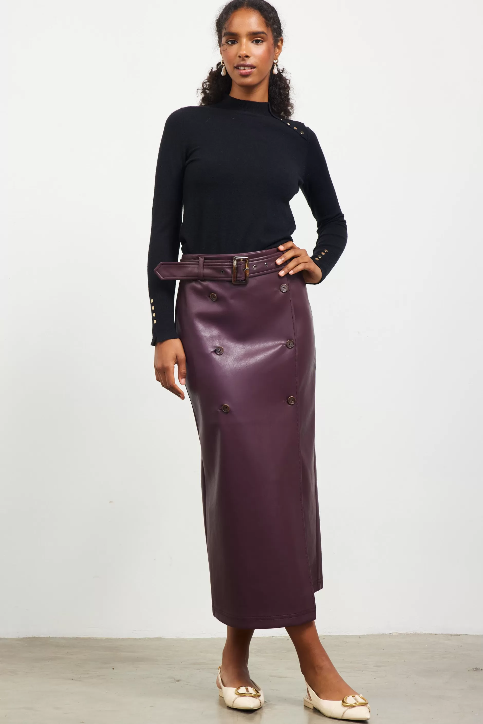 SKIES ARE BLUE Faux Leather Belted Midi Skirt