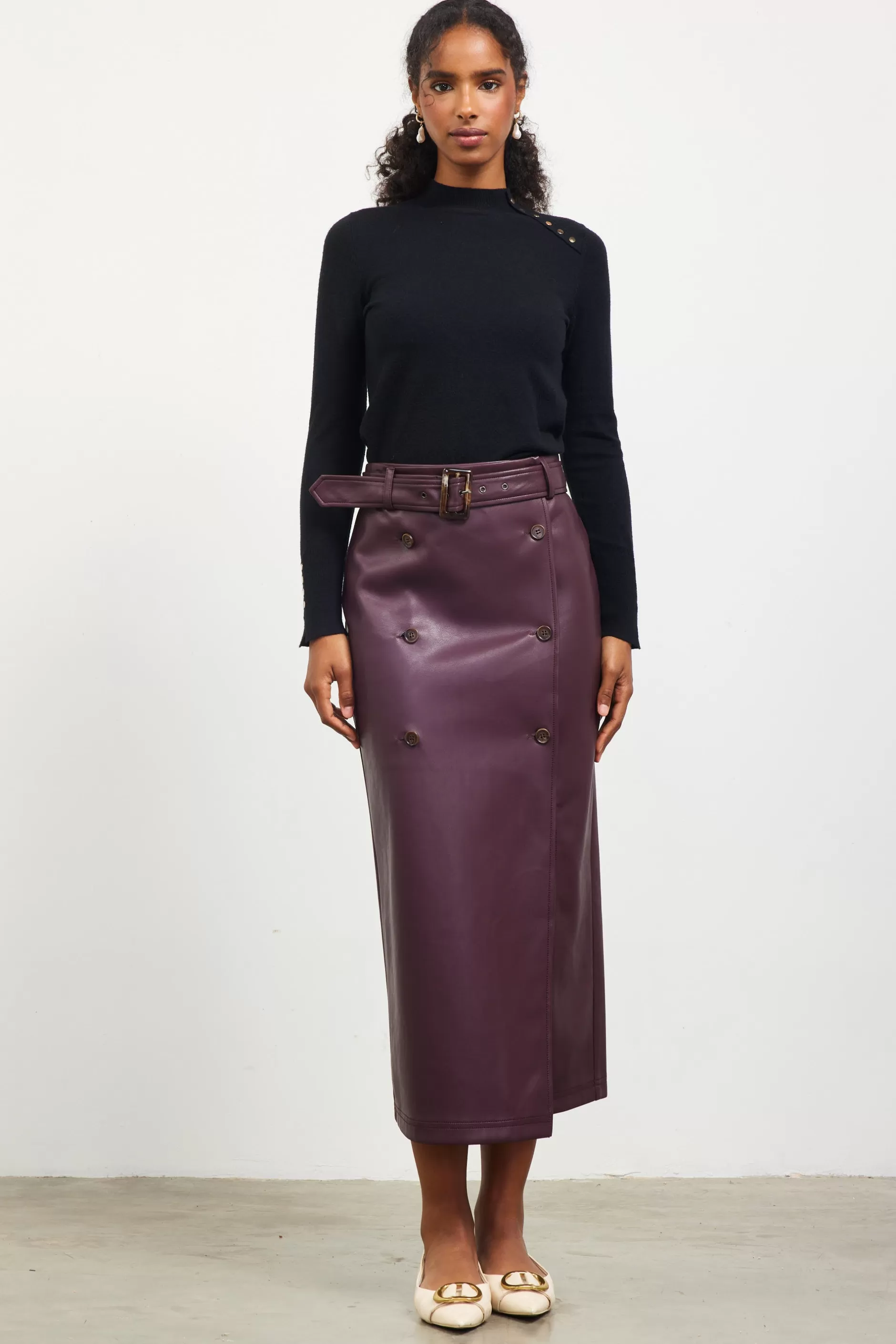 SKIES ARE BLUE Faux Leather Belted Midi Skirt