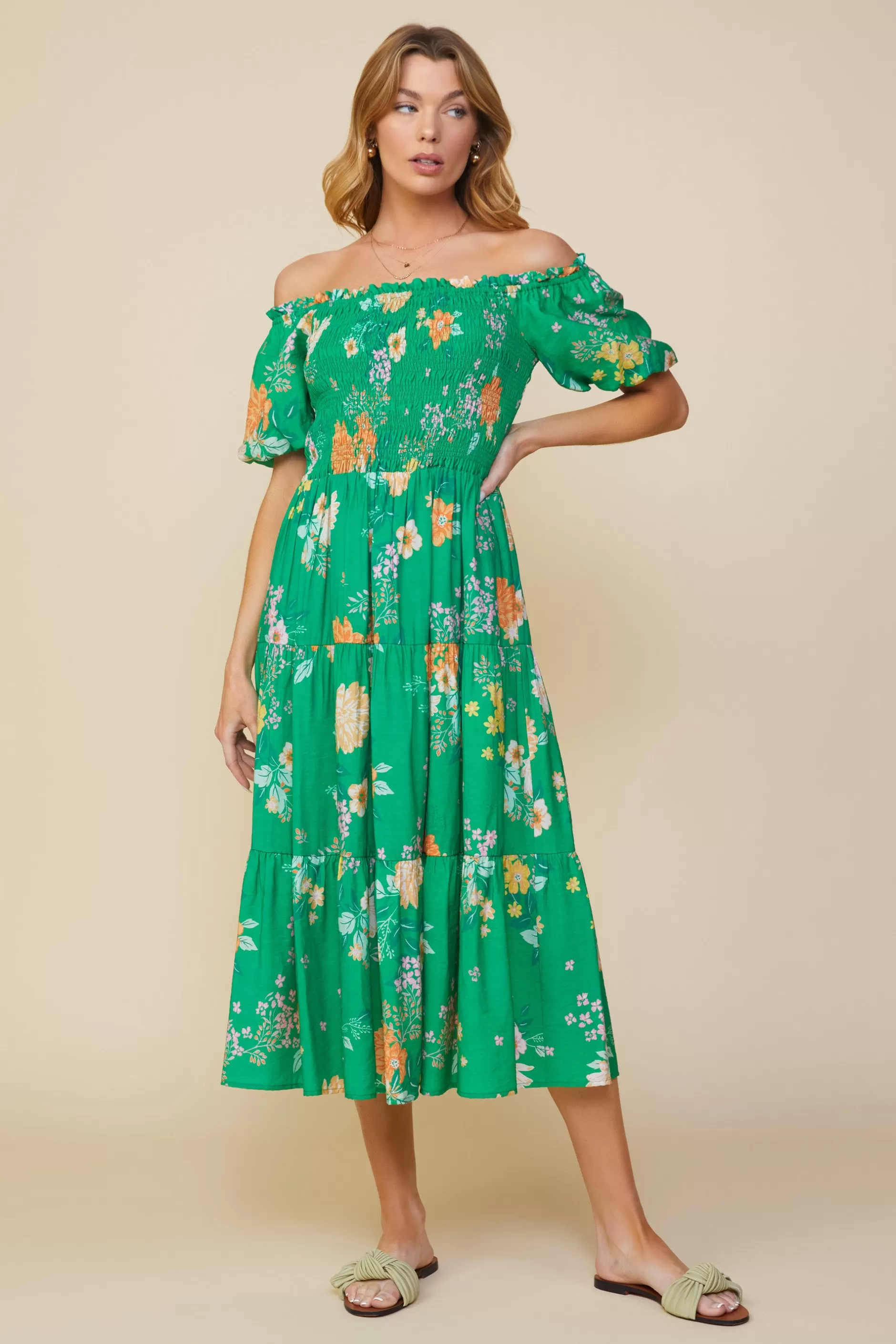 SKIES ARE BLUE Fleur Print Off Shoulder Midi Dress