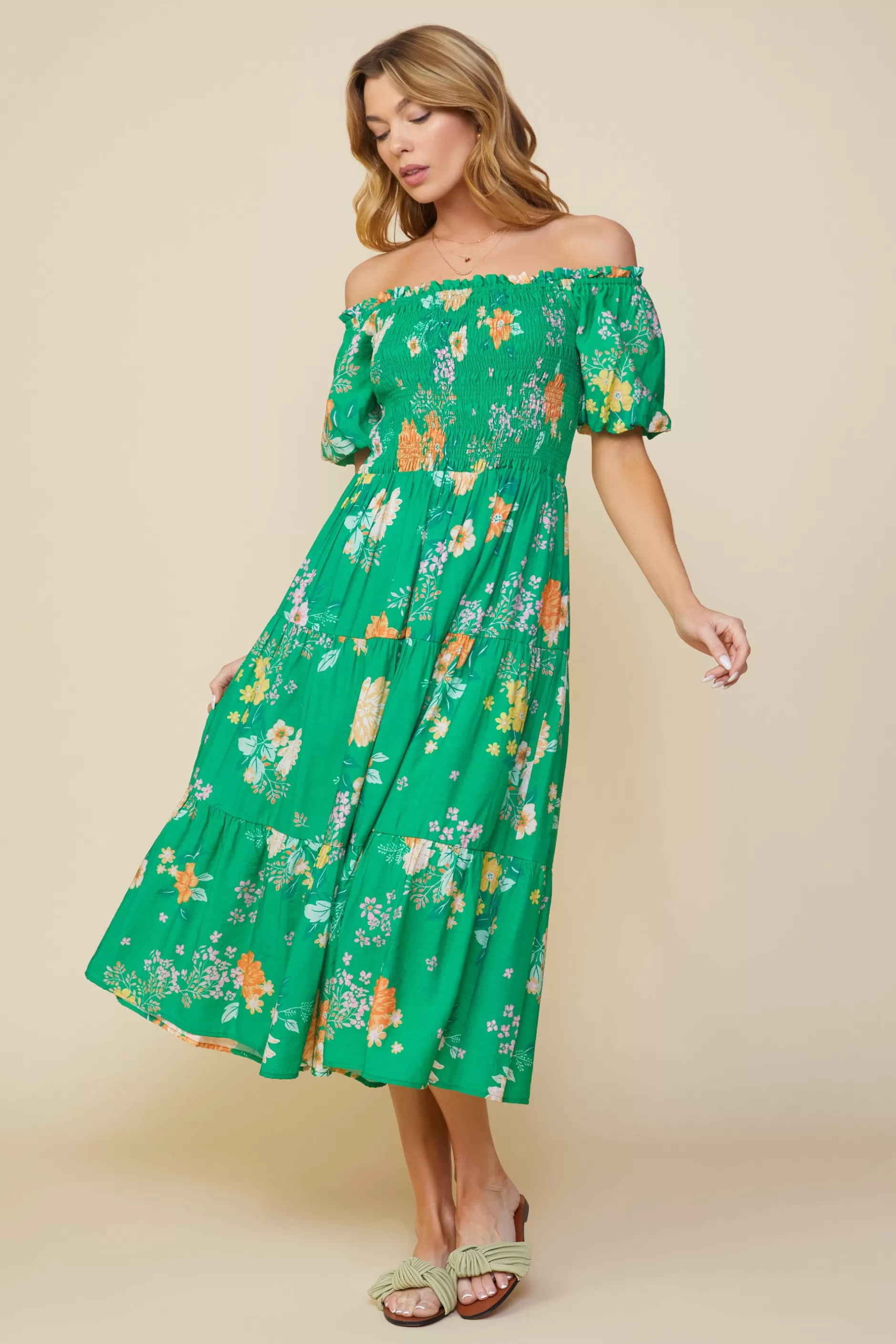 SKIES ARE BLUE Fleur Print Off Shoulder Midi Dress