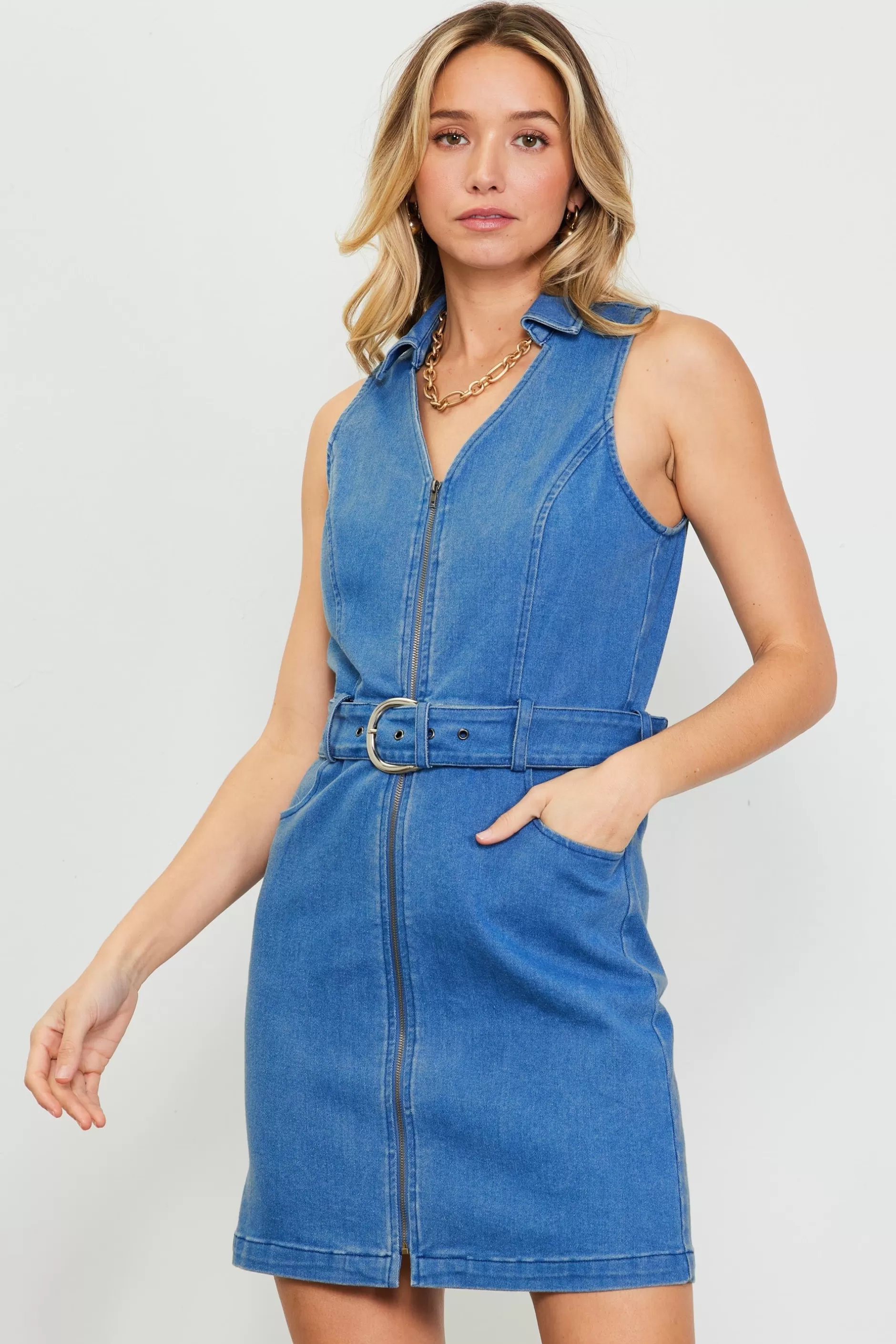 SKIES ARE BLUE Front Zipper Denim Mini Dress With Belt