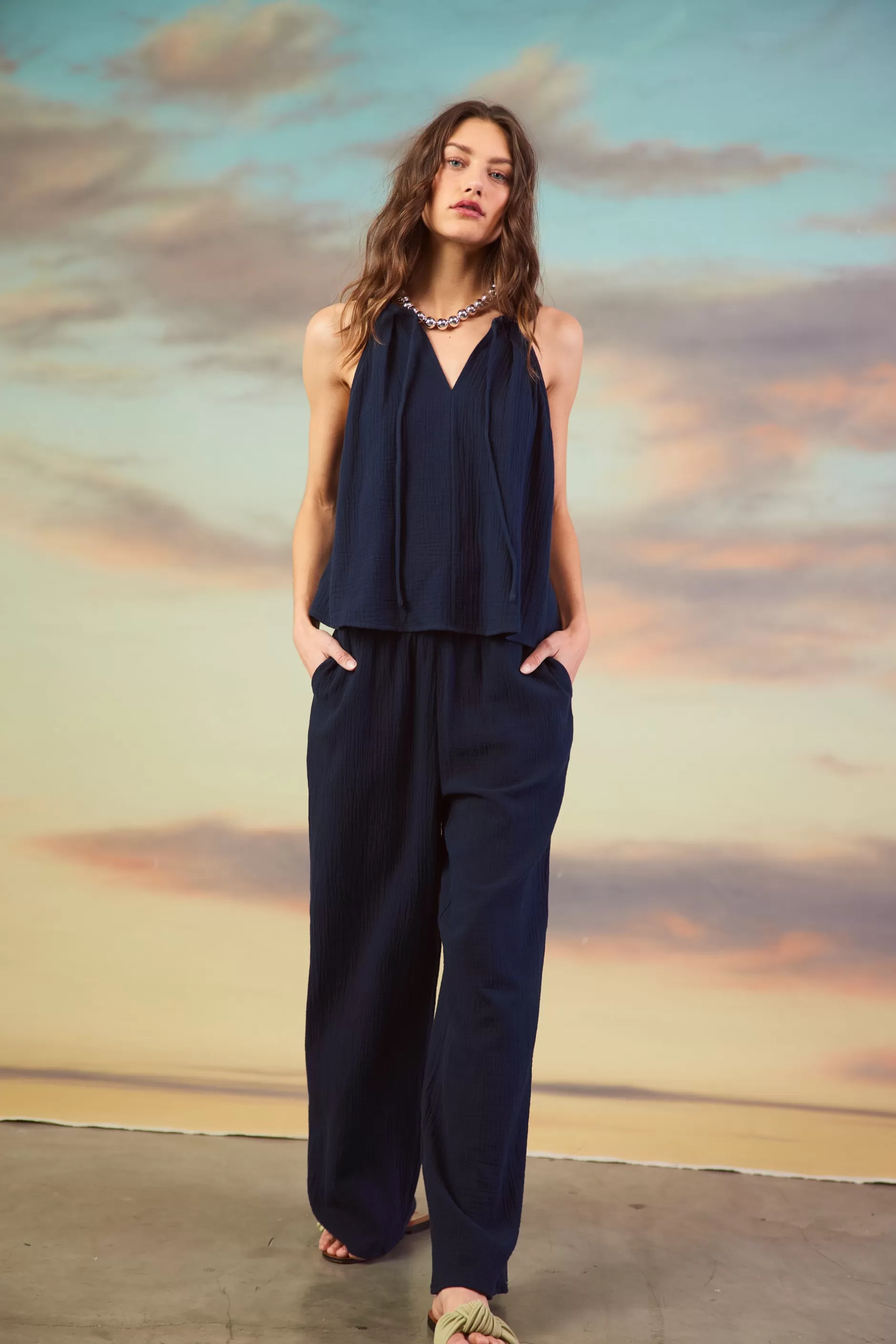 SKIES ARE BLUE Gaia Smocked Waist Wide Leg Pants