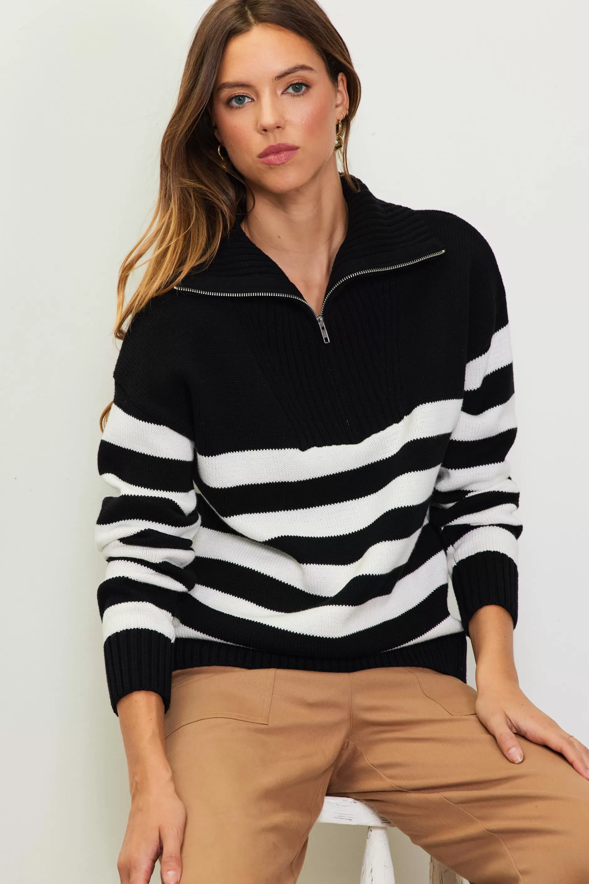 SKIES ARE BLUE Half-Zip Striped Sweater