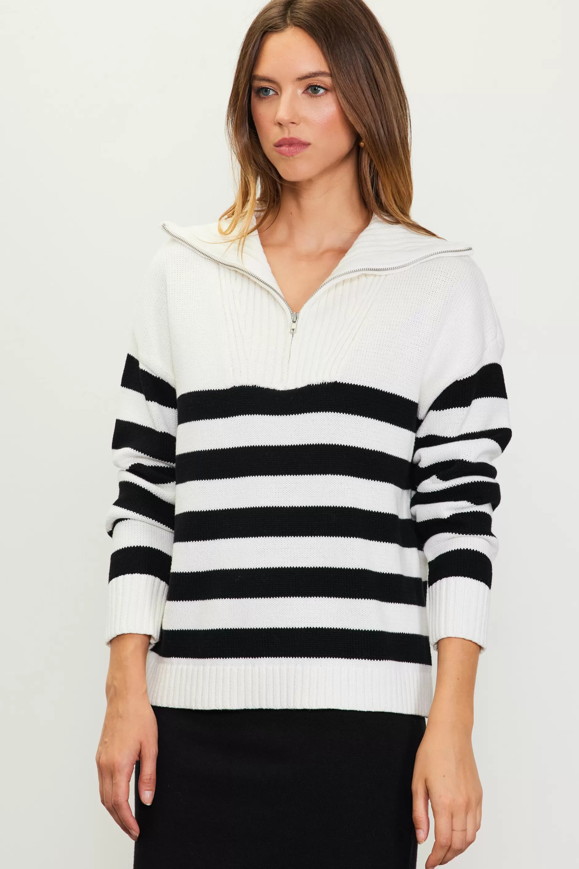 SKIES ARE BLUE Half-Zip Striped Sweater