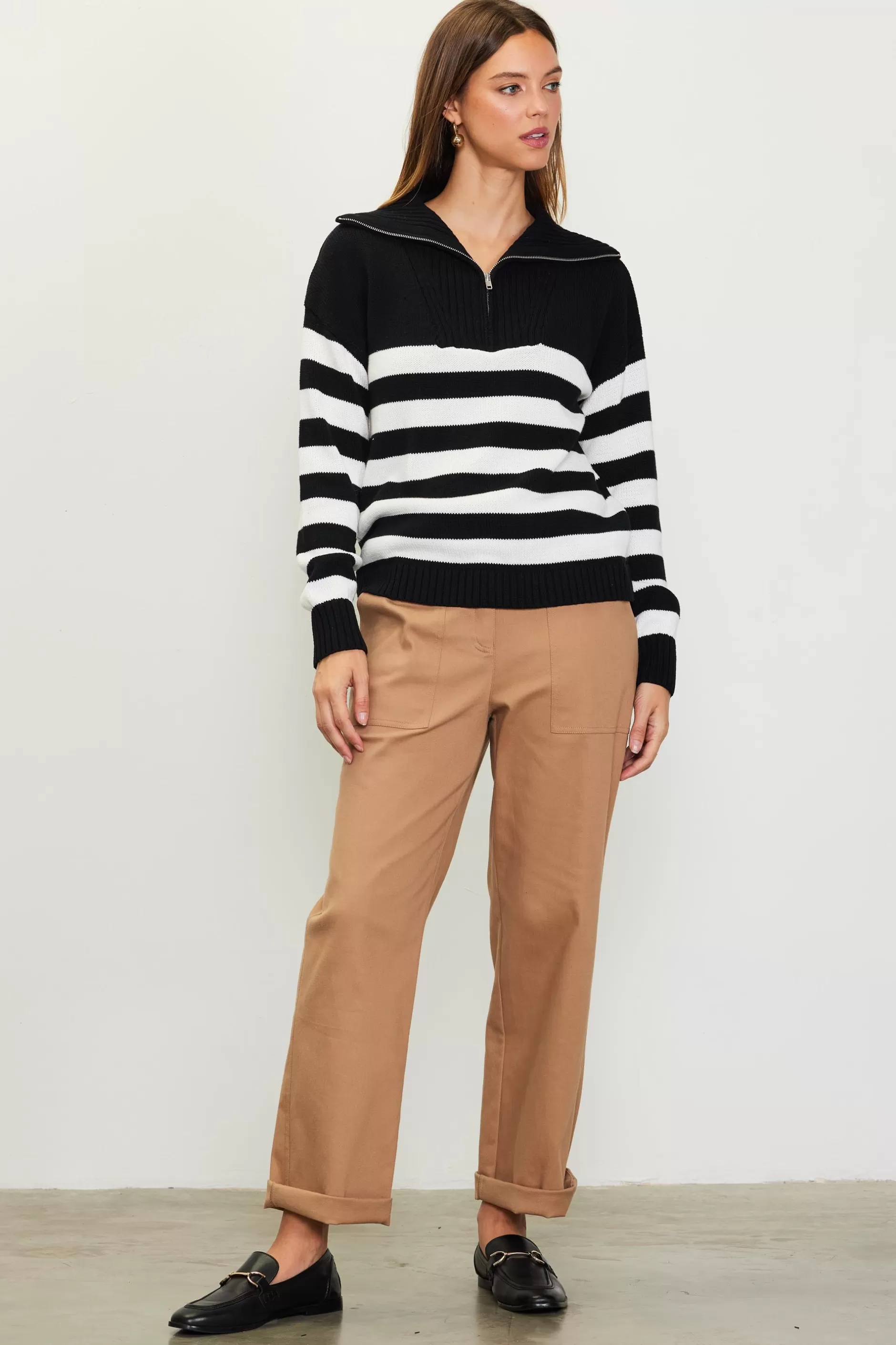 SKIES ARE BLUE Half-Zip Striped Sweater