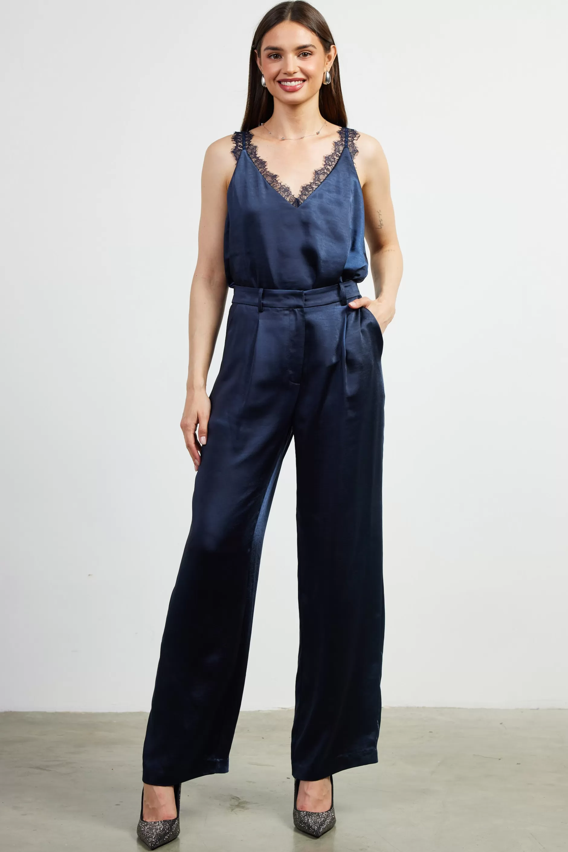 SKIES ARE BLUE High Waisted Satin Straight Leg Pant