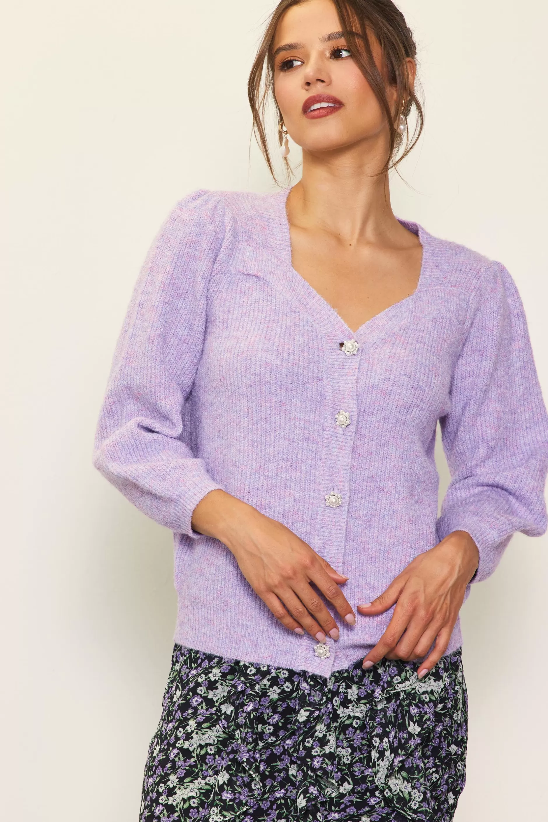 SKIES ARE BLUE Jewelry Button Puff Sleeve Cardigan