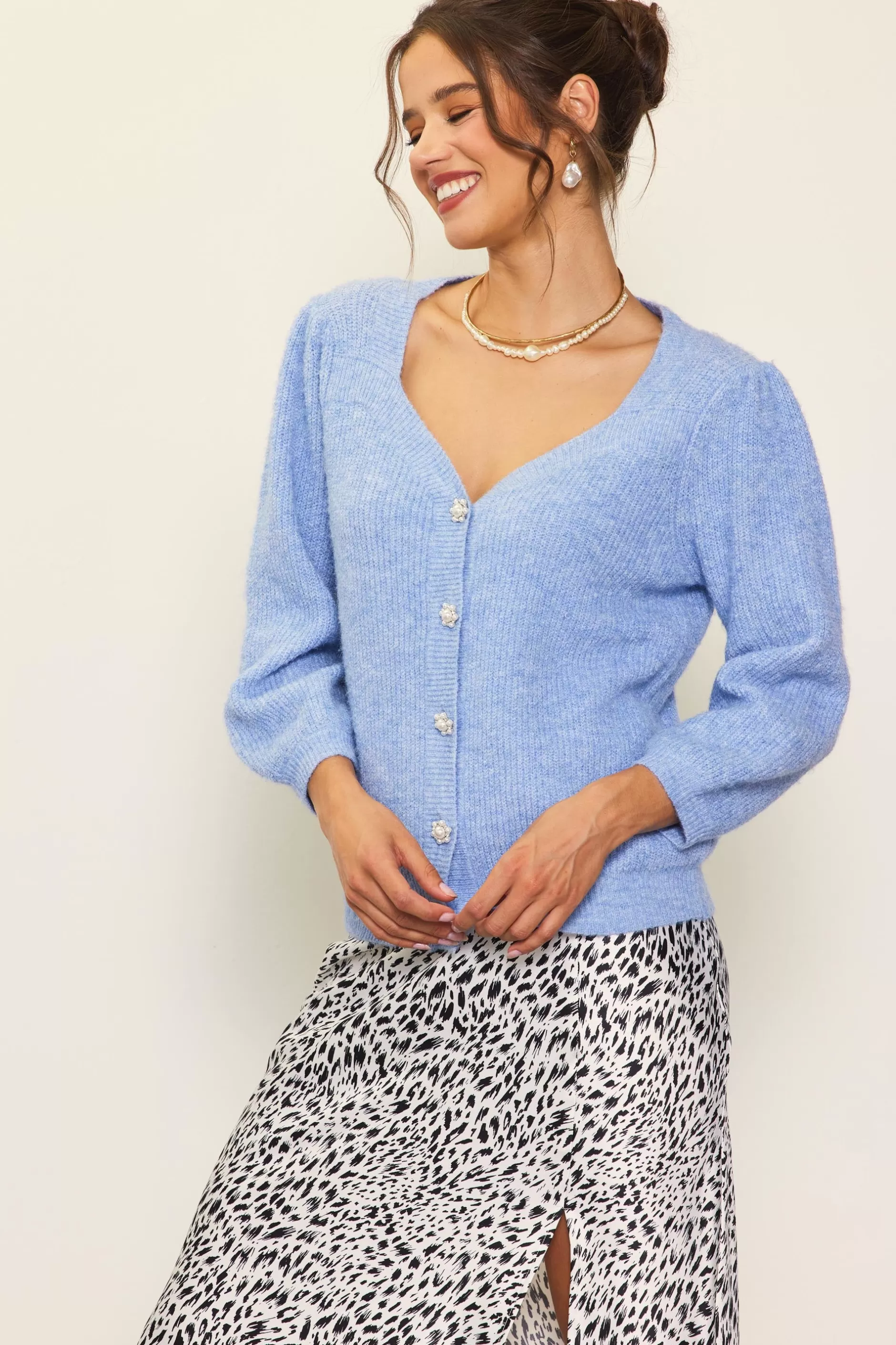 SKIES ARE BLUE Jewelry Button Puff Sleeve Cardigan