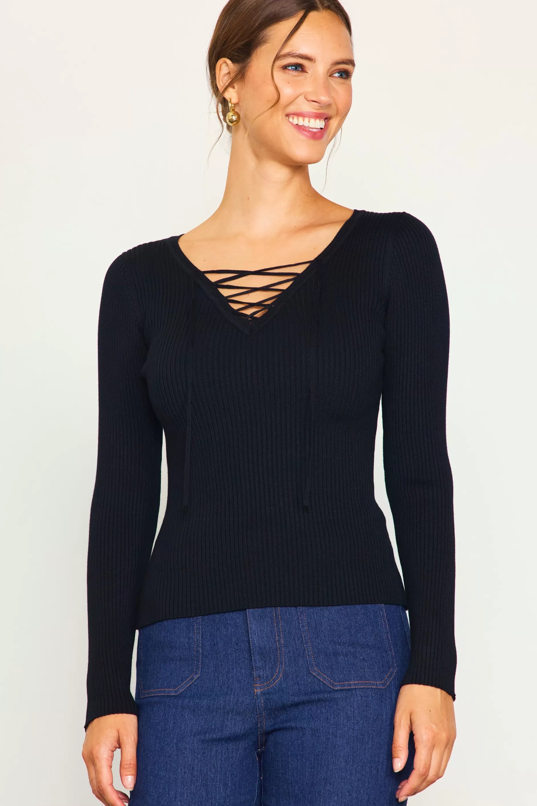 SKIES ARE BLUE Laced Up Long Sleeve Knit Top