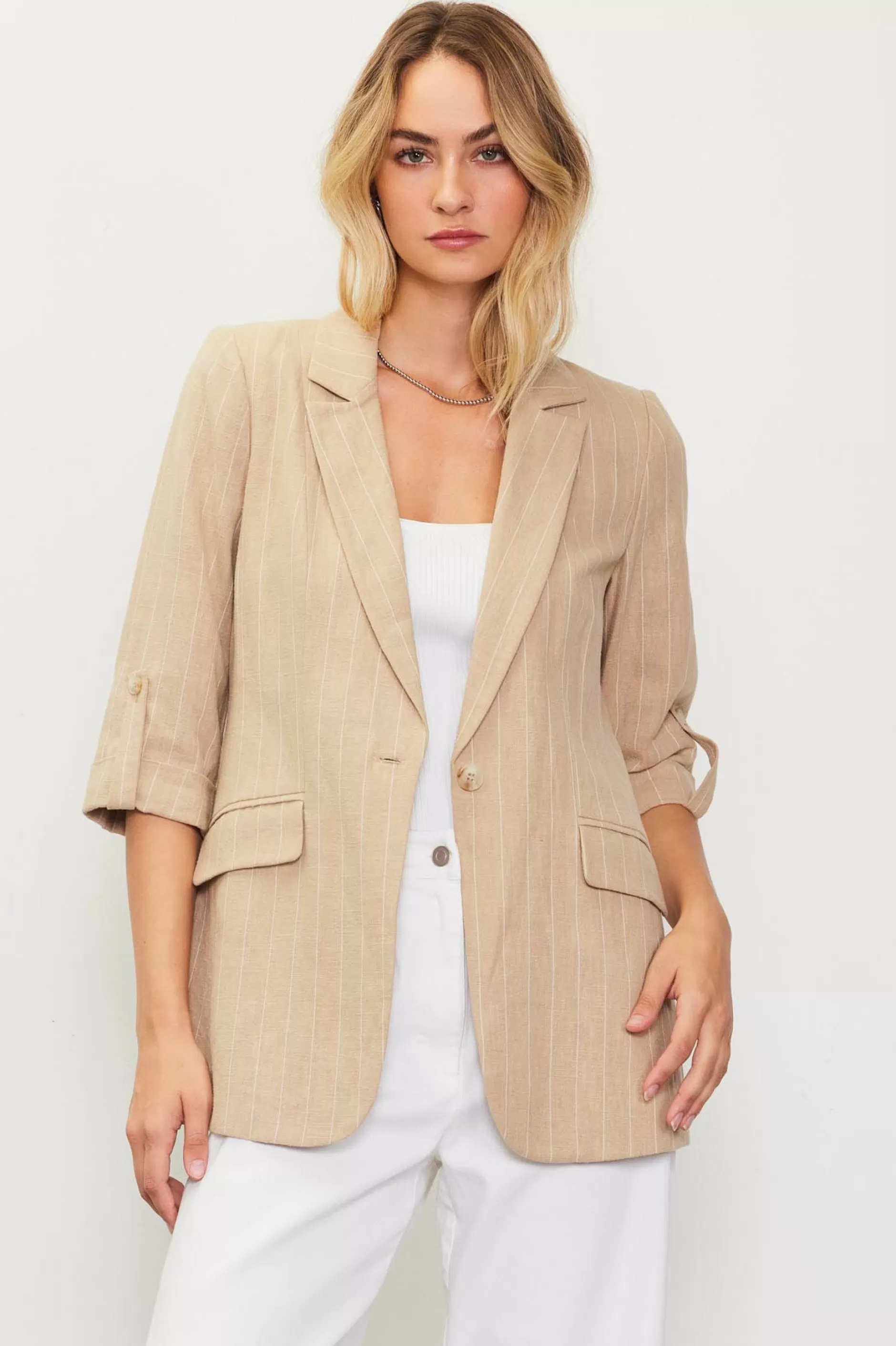 SKIES ARE BLUE Linen Pinstripe Cuffed Blazer