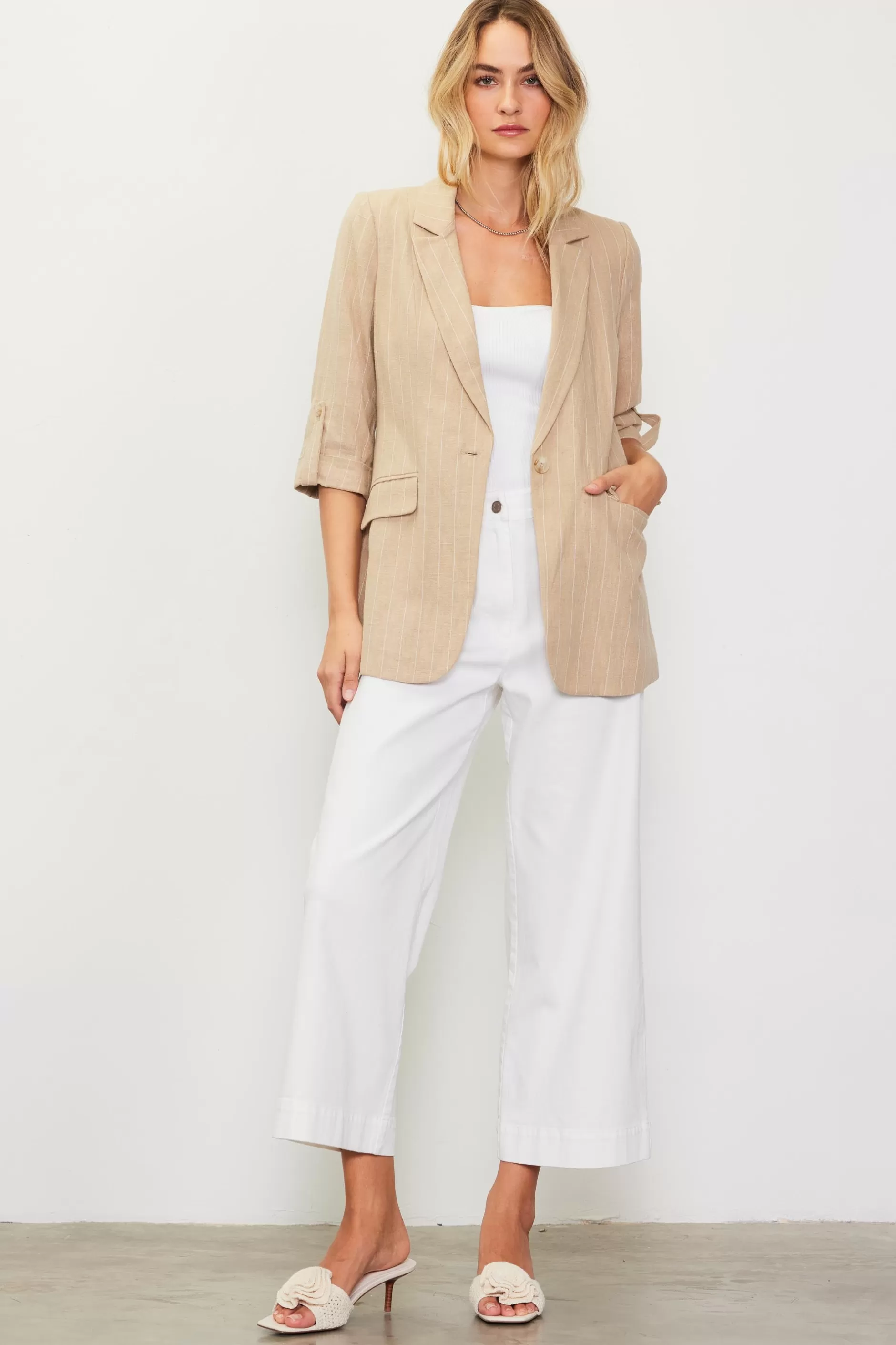 SKIES ARE BLUE Linen Pinstripe Cuffed Blazer