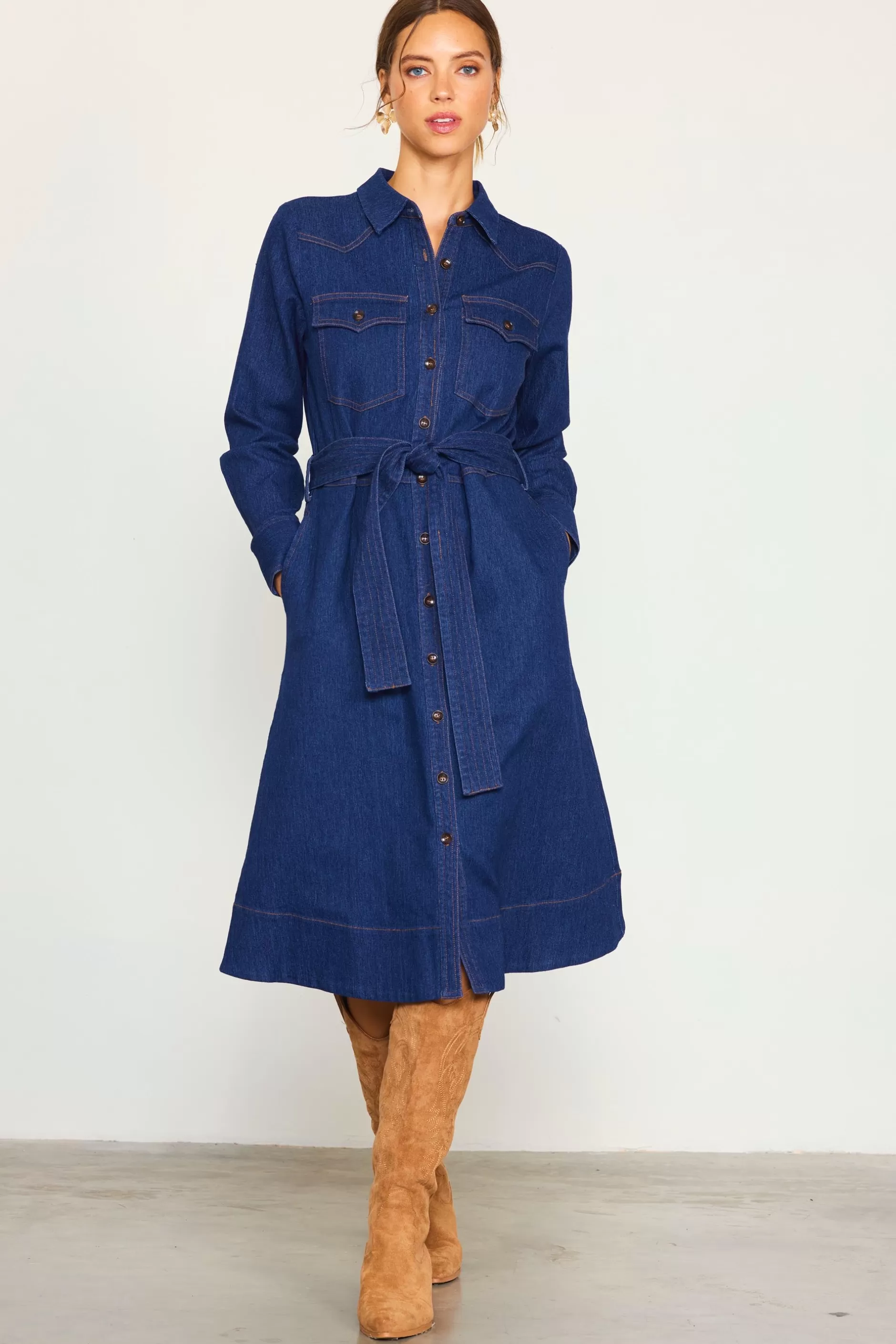 SKIES ARE BLUE Long Sleeve Denim Shirt Dress