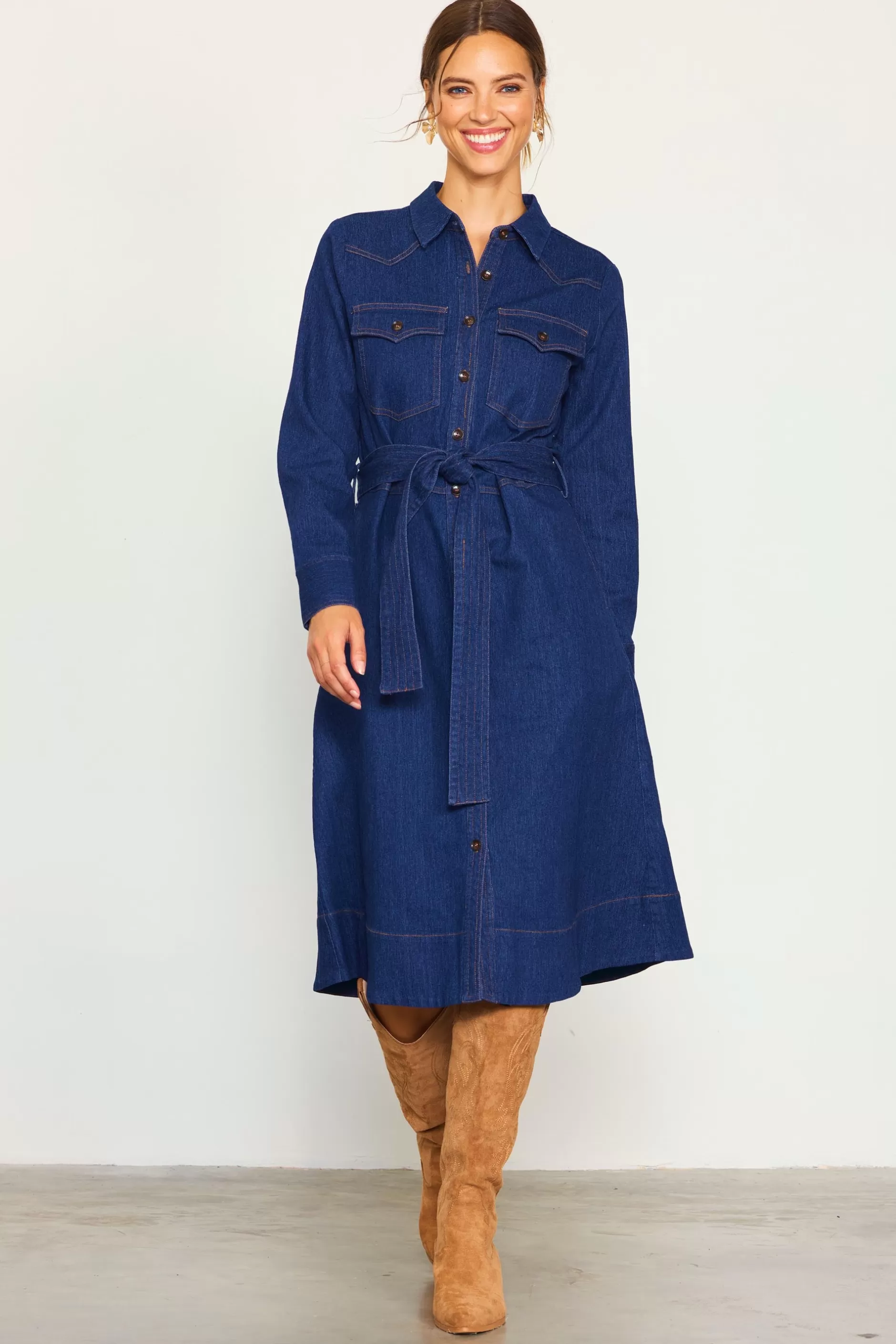 SKIES ARE BLUE Long Sleeve Denim Shirt Dress