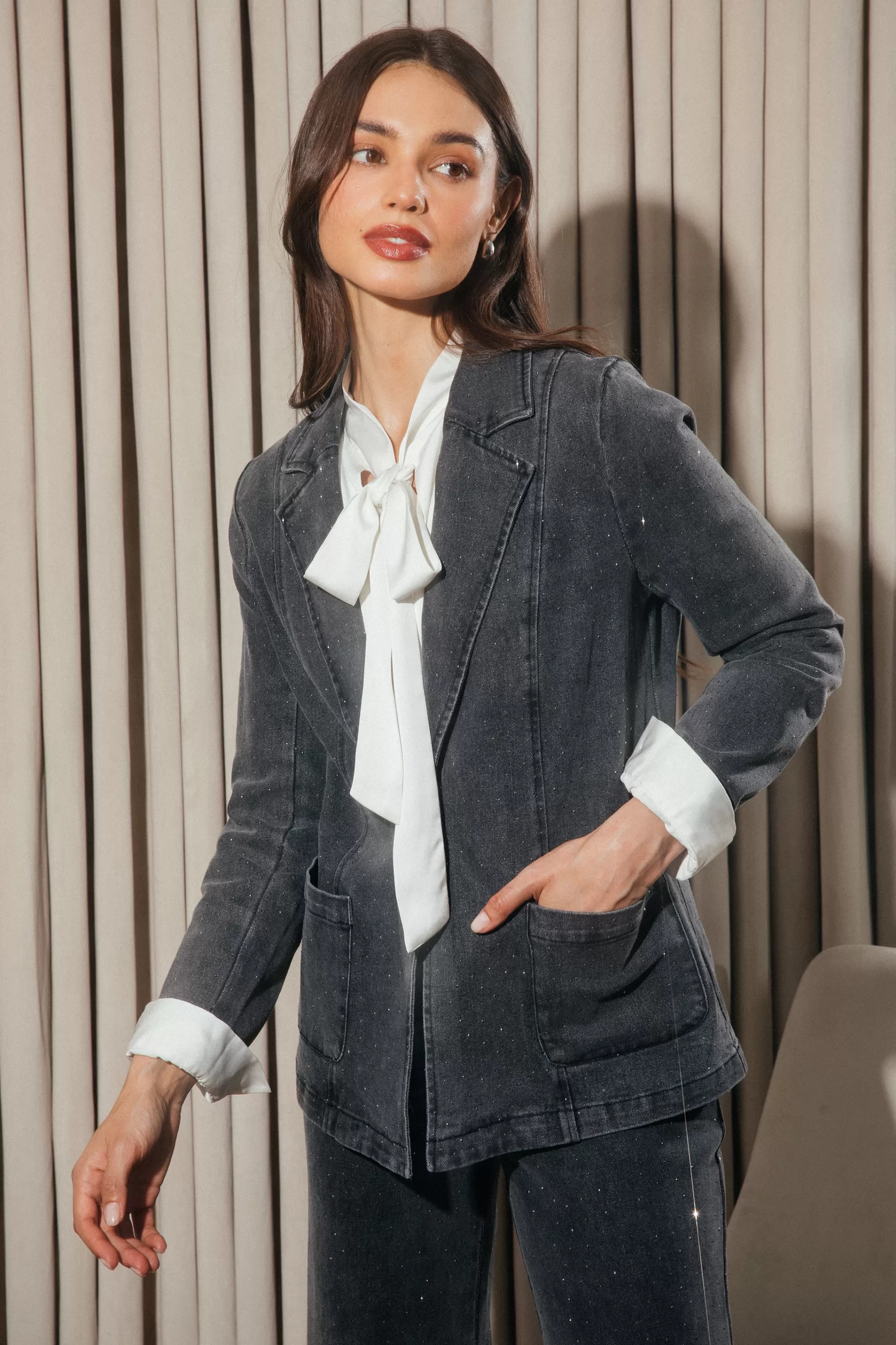 SKIES ARE BLUE Lydia Rhinestone Denim Blazer