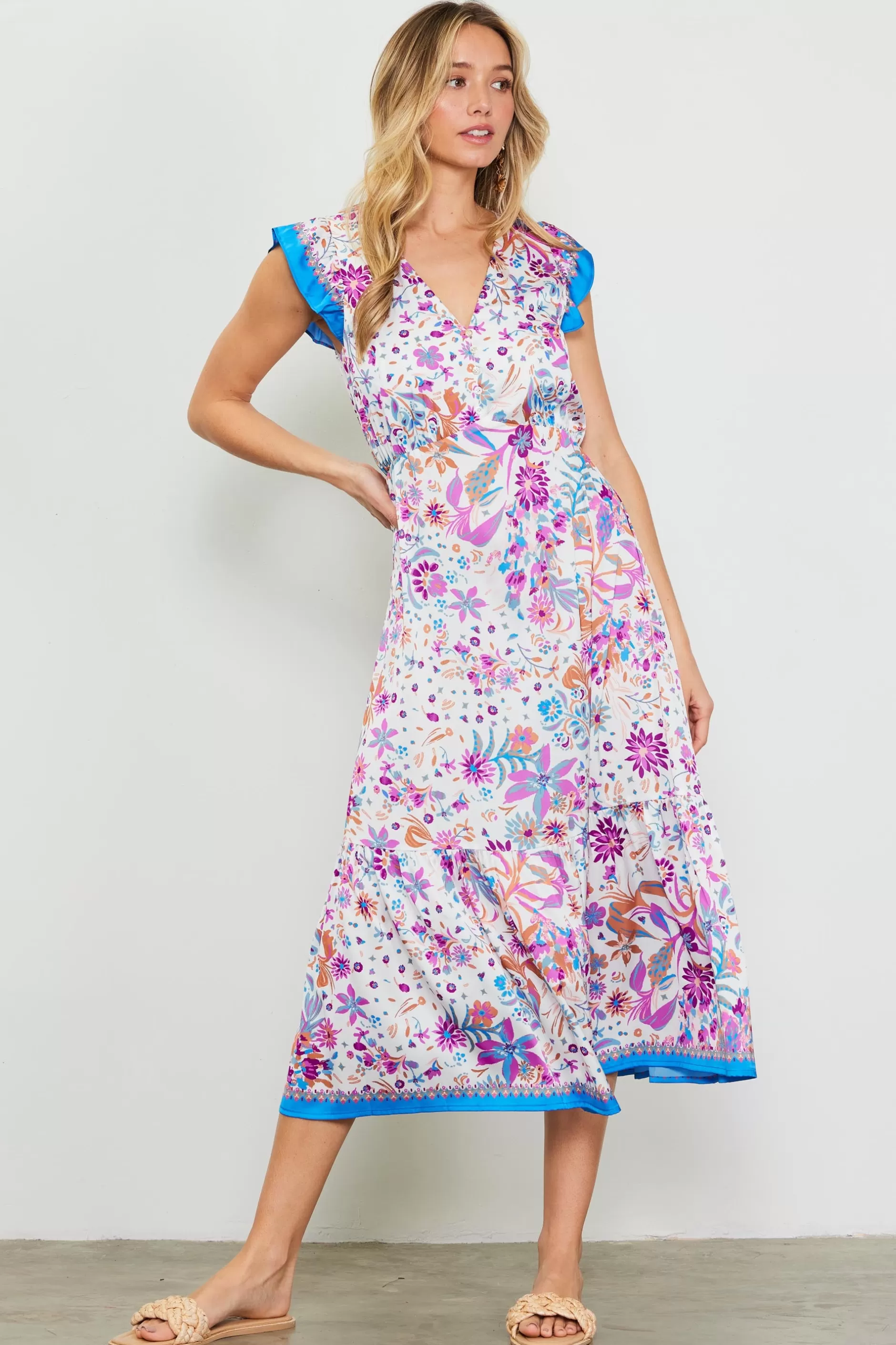 SKIES ARE BLUE Magnolia Border Print Flutter Sleeve Dress