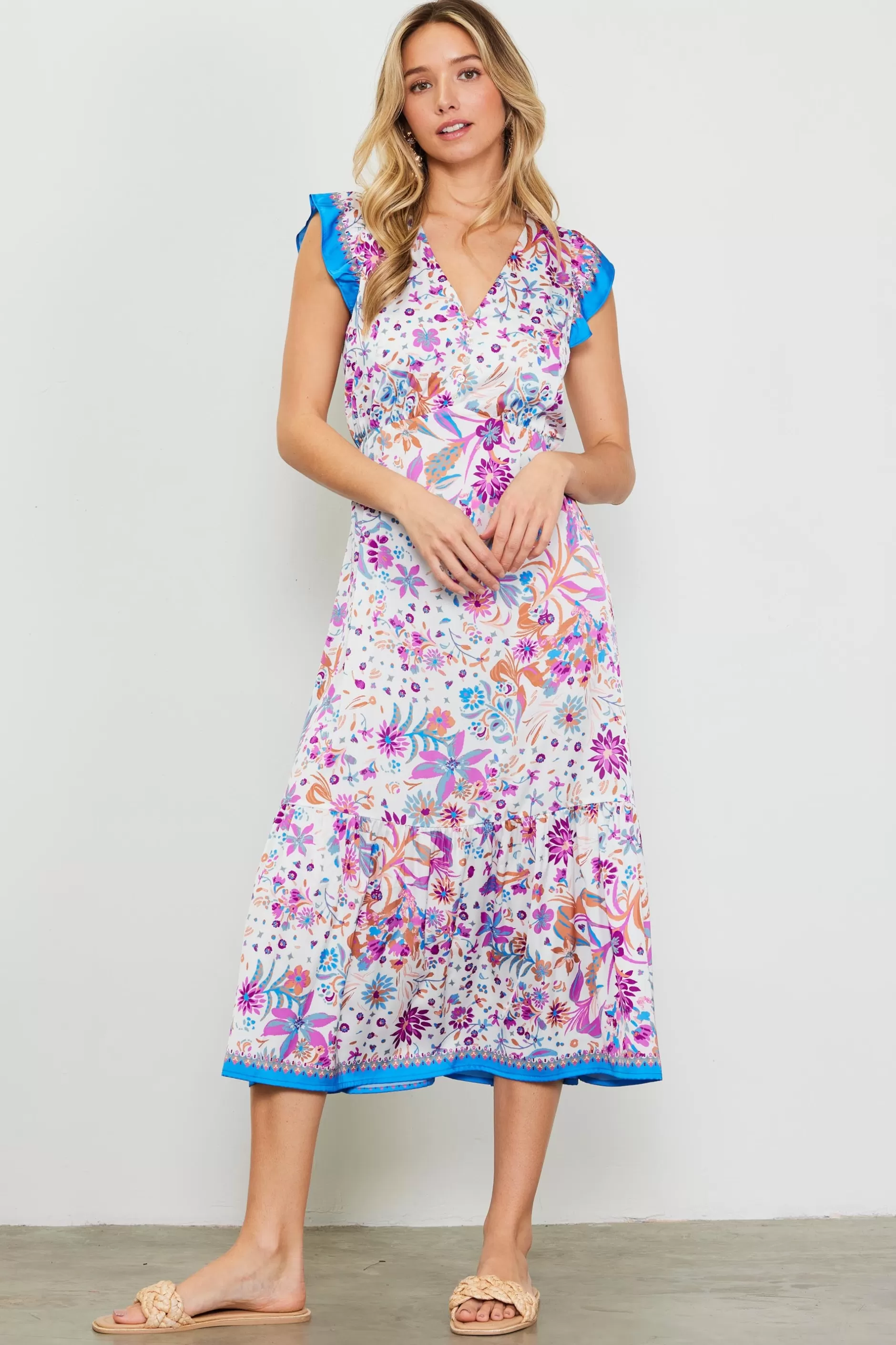 SKIES ARE BLUE Magnolia Border Print Flutter Sleeve Dress