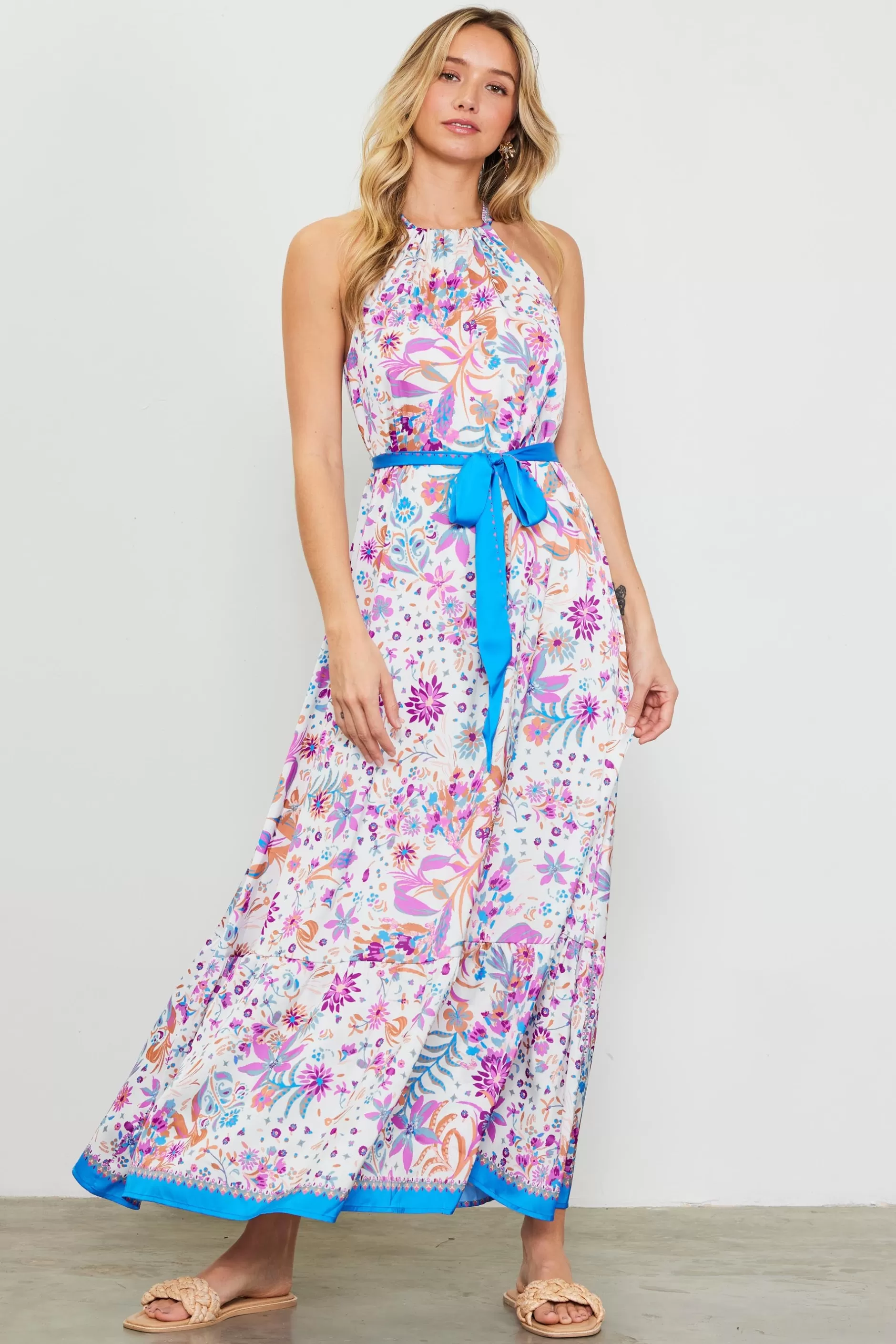 SKIES ARE BLUE Magnolia Border Print Halter Neck Maxi Dress