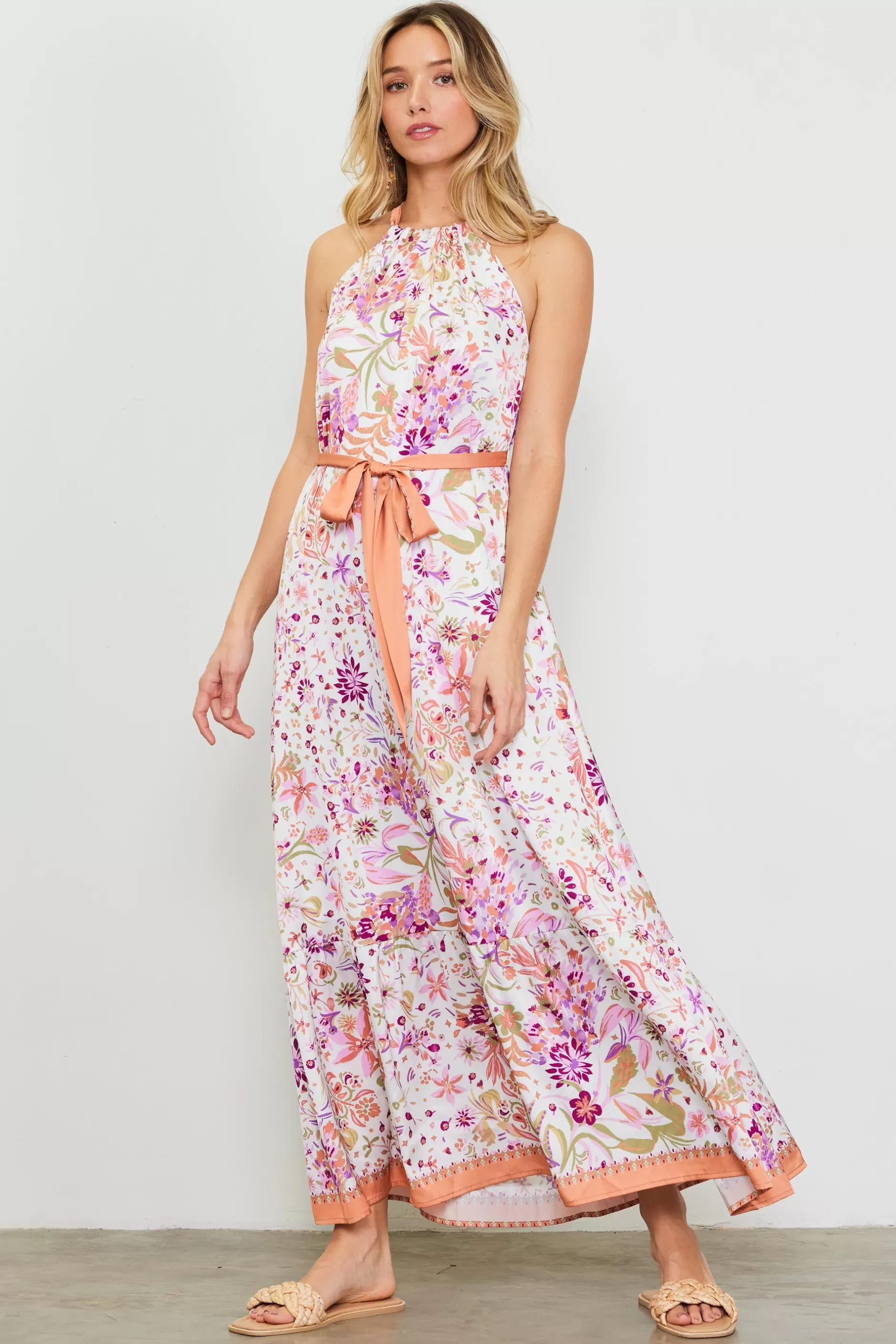 SKIES ARE BLUE Magnolia Border Print Halter Neck Maxi Dress